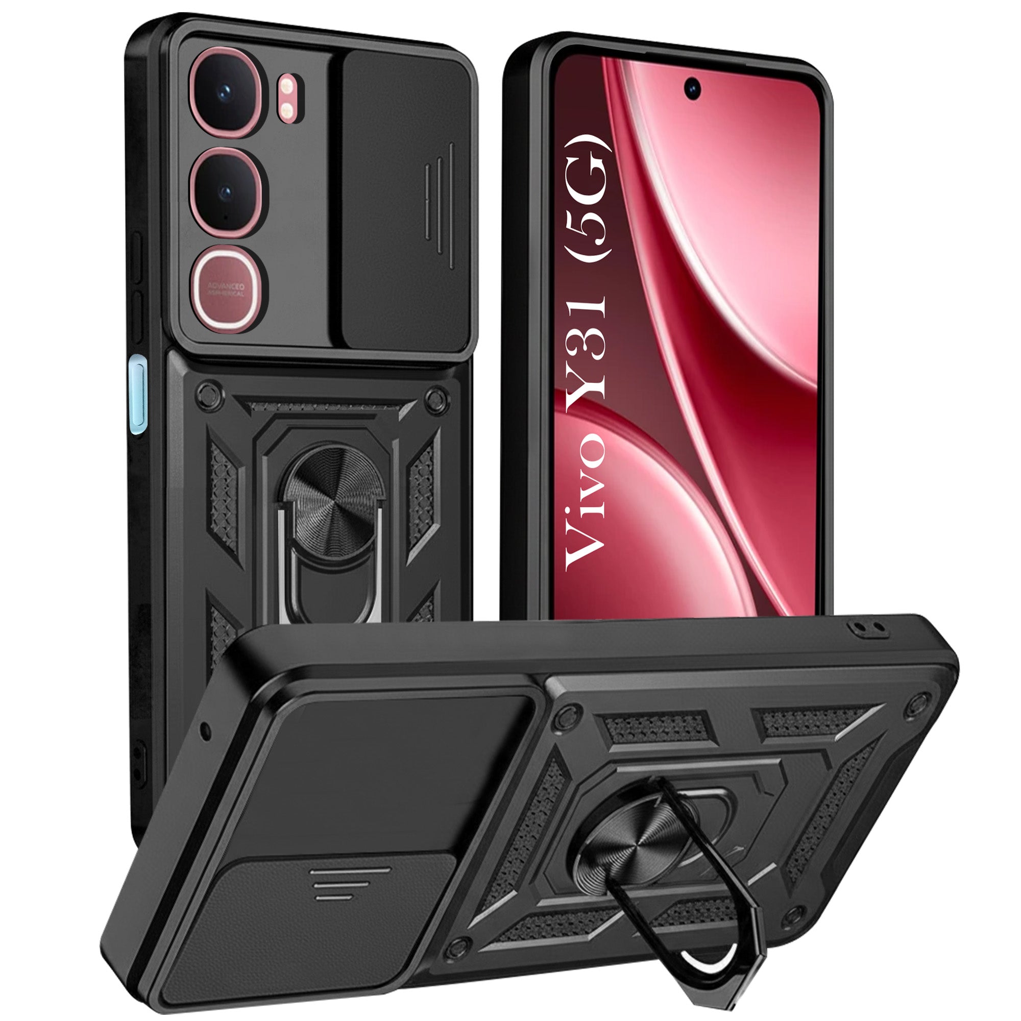 For Vivo Y31 5G Back Cover Case Hybrid Armor (Sliding Shutter Camera Protection | Polycarbonate |Ring Holder Kickstand)