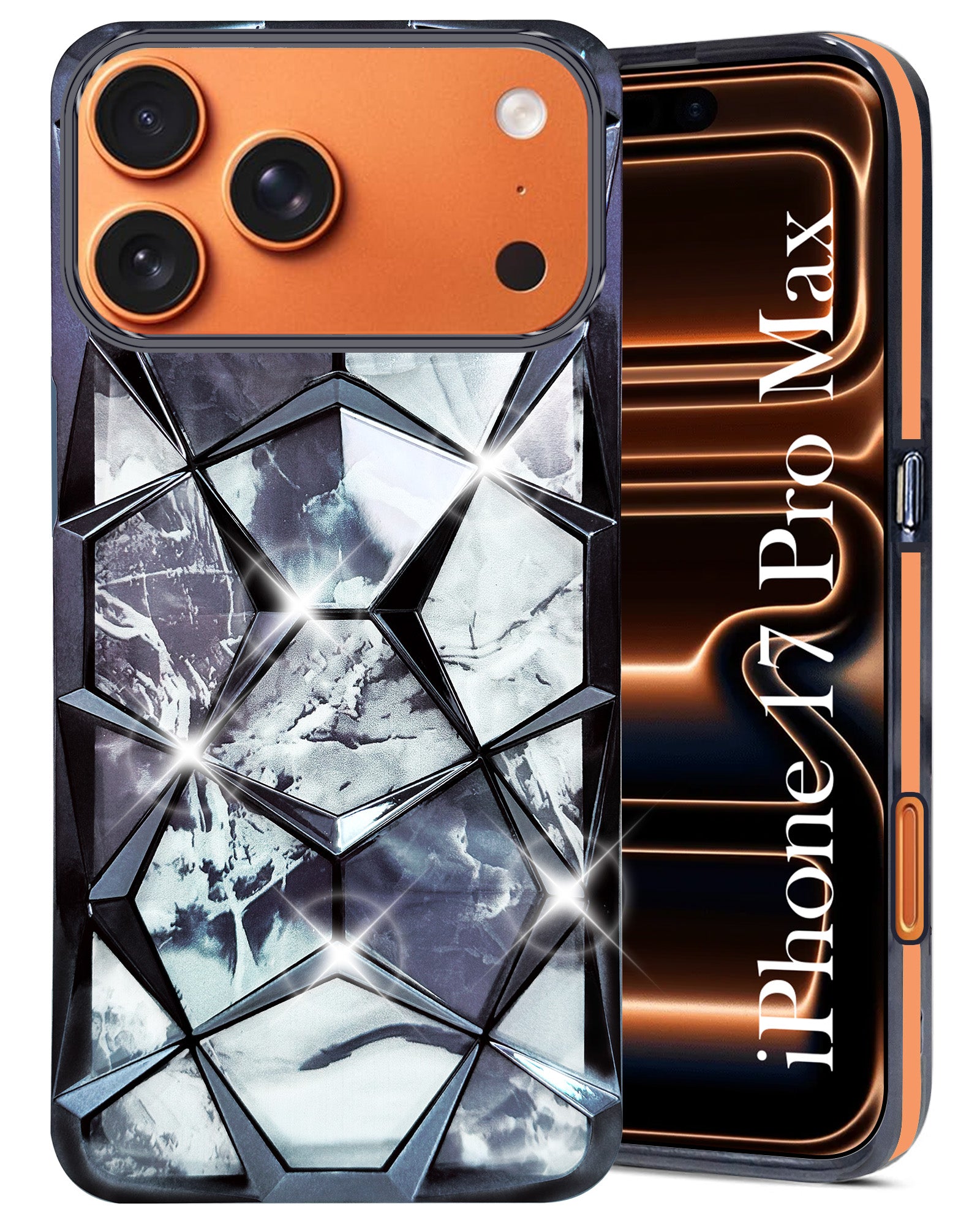 For Apple iPhone 17 Pro Max Back Cover Case 3D Silicone Compatible (Dual Design Glitter Sparkle and Detachable Diamond Print Case | Soft and Flexible)