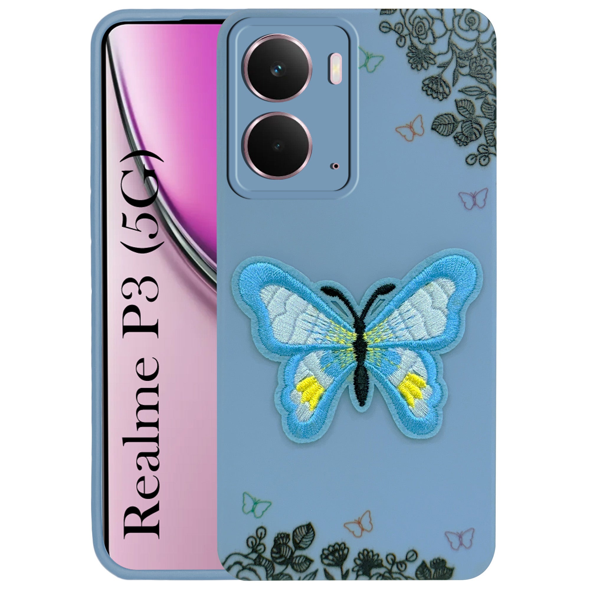 For Realme P3 Back Cover Case (Soft Butterfly Embroidery | Women Teen Girls | Camera Protection| Matte Silicone)
