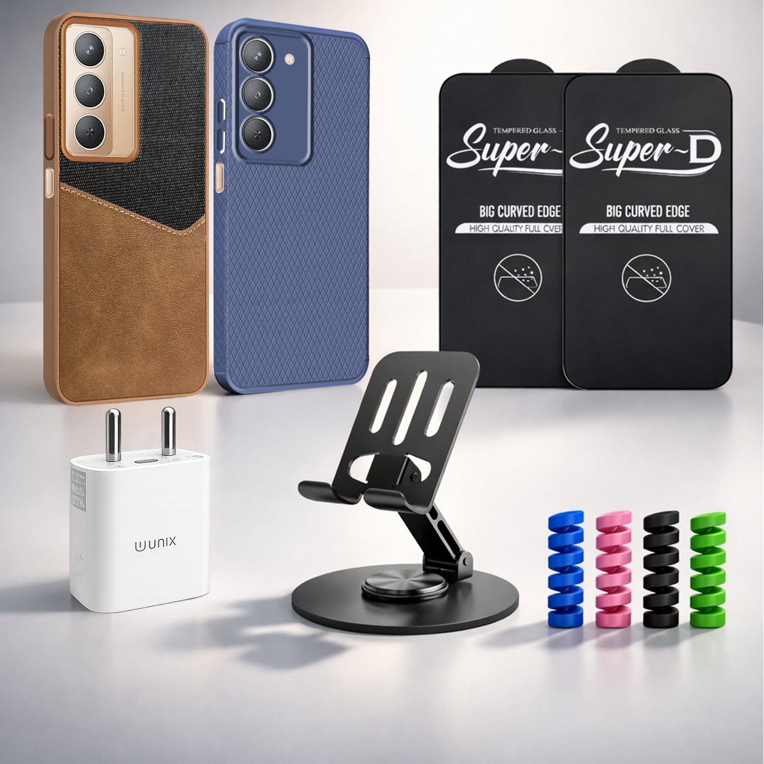 Complete Mobile Care Kit (Get Any 2 Cases+2 Tempered Glass+25W Charger Adapter+Metallic Mobile Stand+Cable Protector)