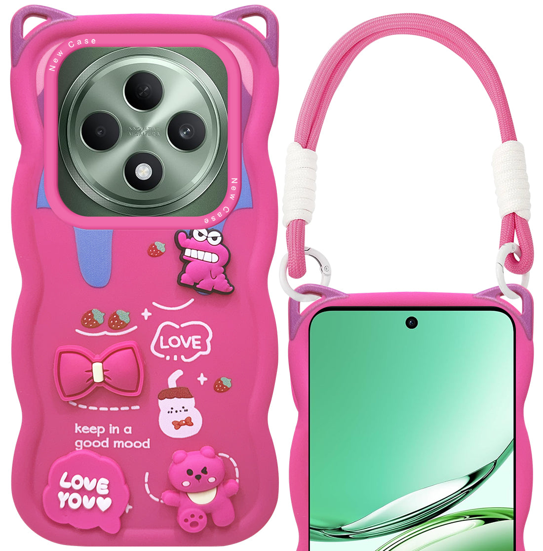 For Oppo Reno 12F Back Case Cover Strap (3D embossed Figures | Strap Holder | 360* Soft Cushion with Camera Bump)