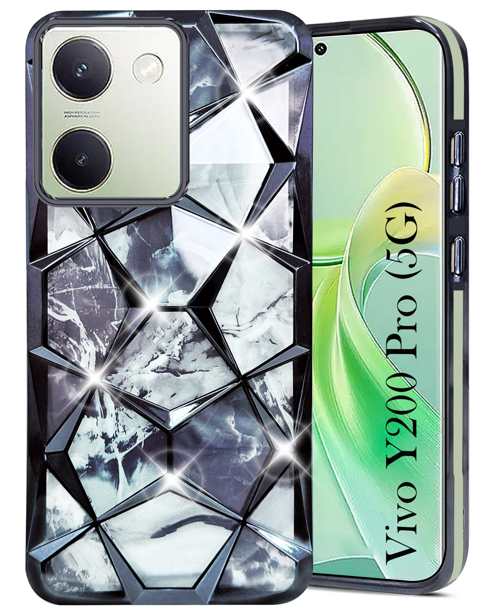 For Vivo Y200 Pro 5G Back Cover Case ( Dual Design Glitter Sparkle and Detachable Diamond Print Case | Soft and Flexible)