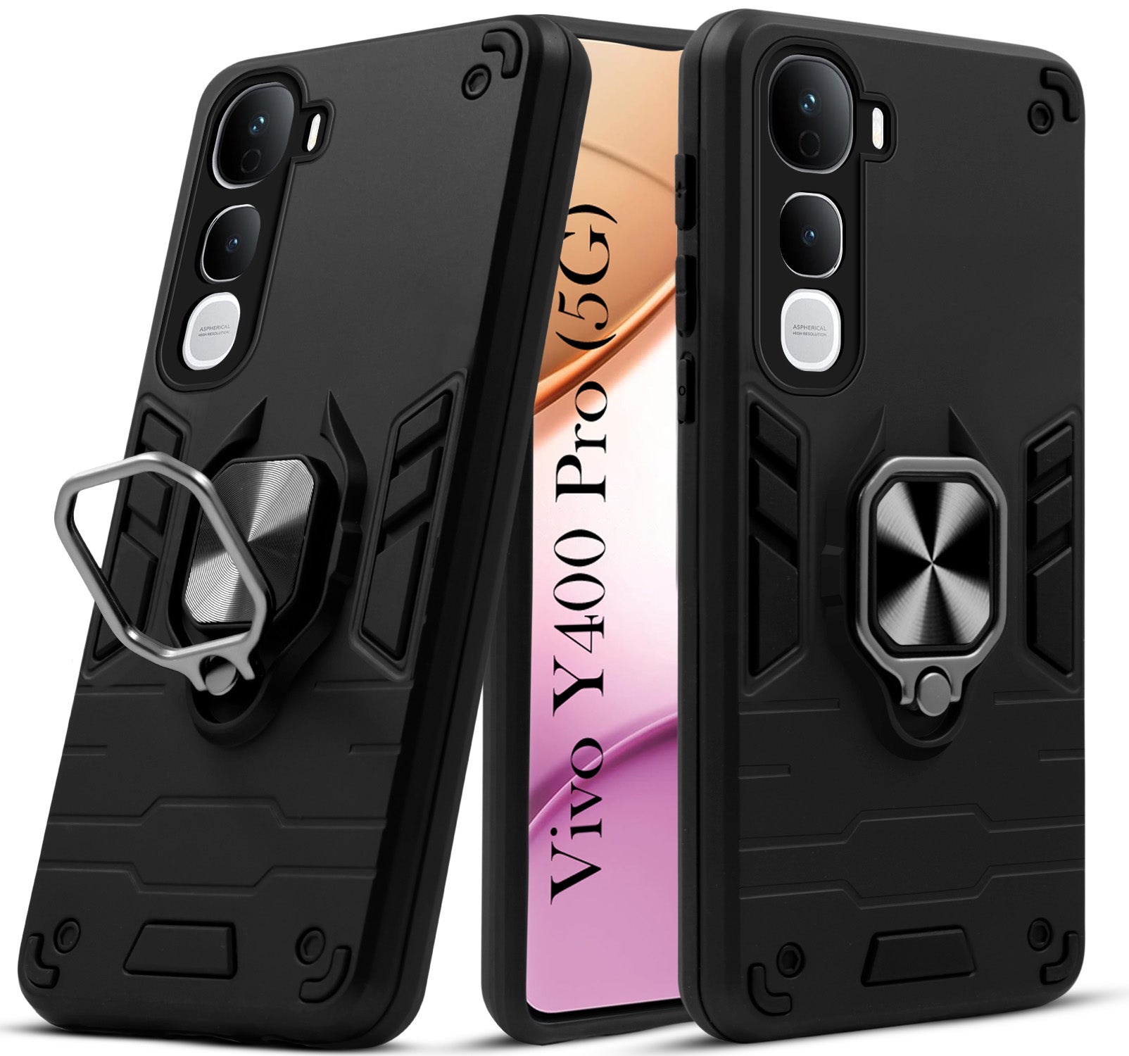 For Vivo Y400 Pro Back Cover Case (Shockproof Dual Layer Polycarbonate |Ring Holder Kickstand)