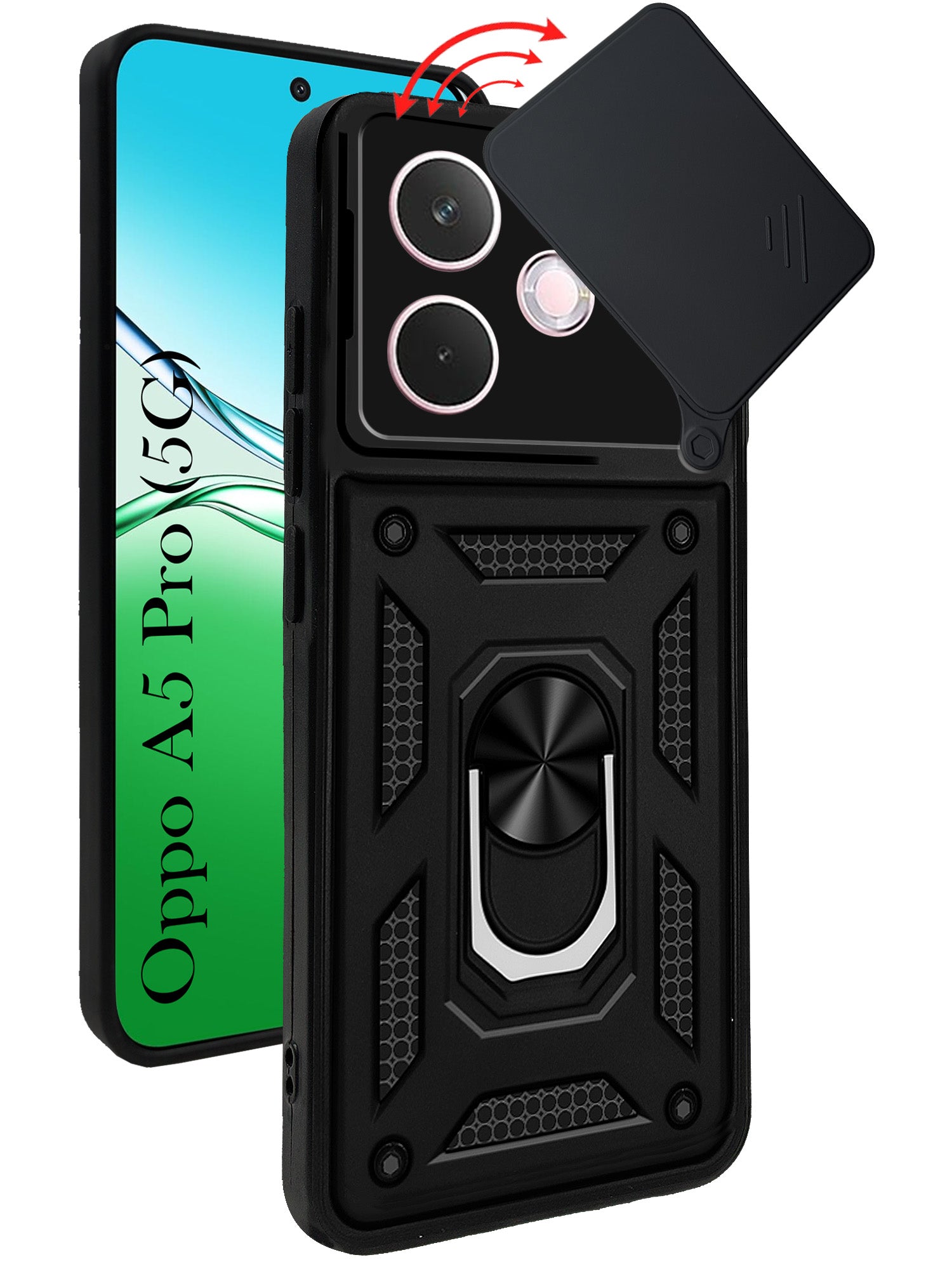 For Oppo A5 Pro Back Cover Case Hybrid Armor (Sliding Shutter Camera Protection | Polycarbonate |Ring Holder Kickstand)