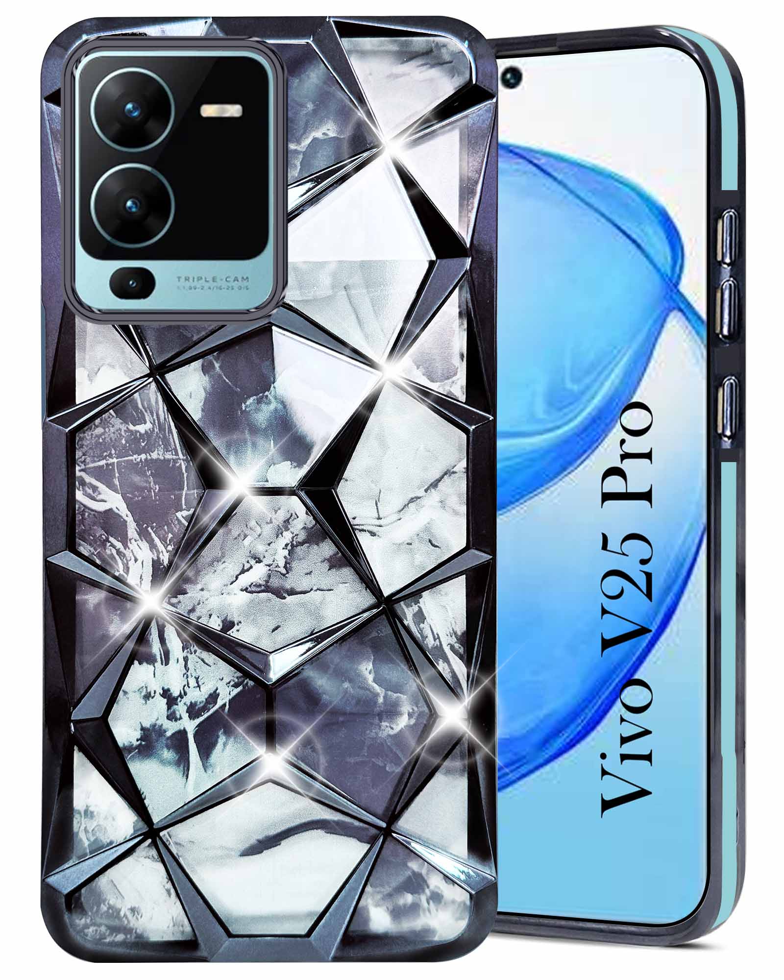 For Vivo V25 Pro Back Cover Case ( Dual Design Glitter Sparkle and Detachable Diamond Print Case | Soft and Flexible)