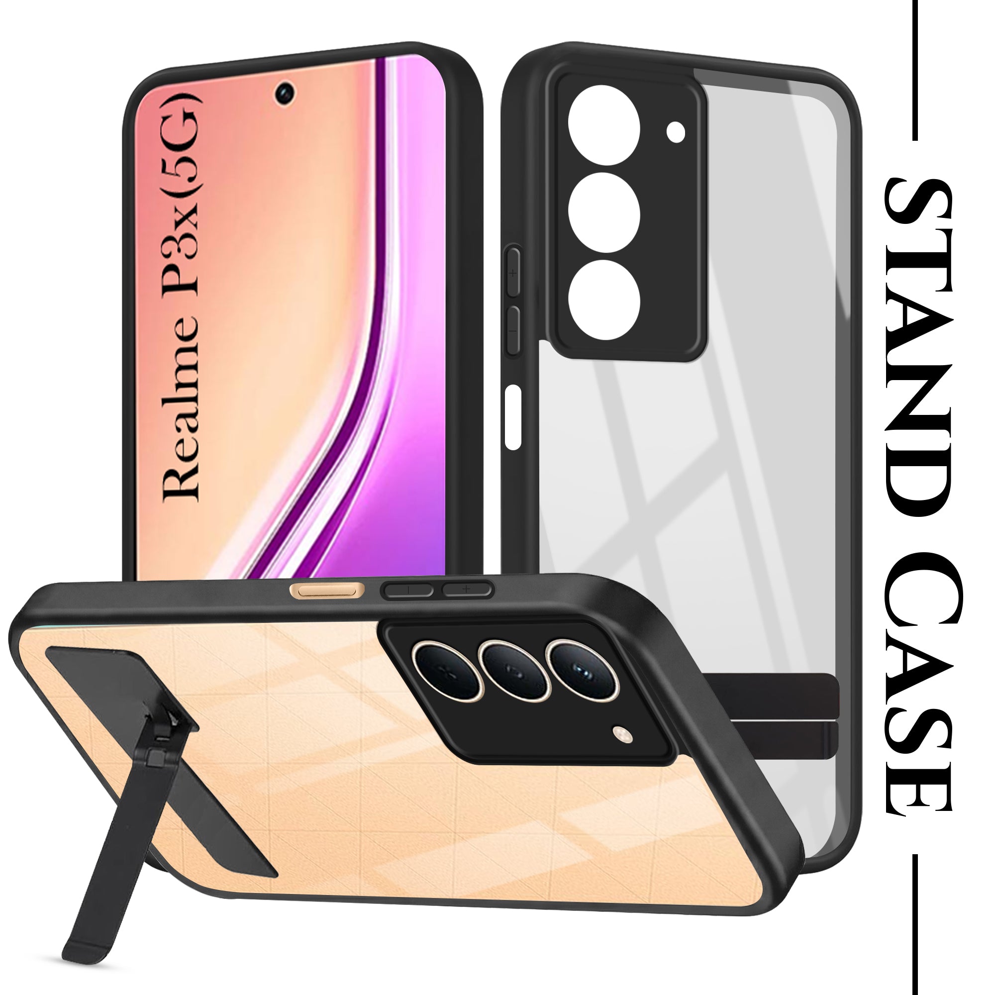 For Realme P3x Back Cover Case (Built-in Stand | Lifetime Anti Yellow | Kickstand Shockproof | Camera Protection | MagSafe Compatible)