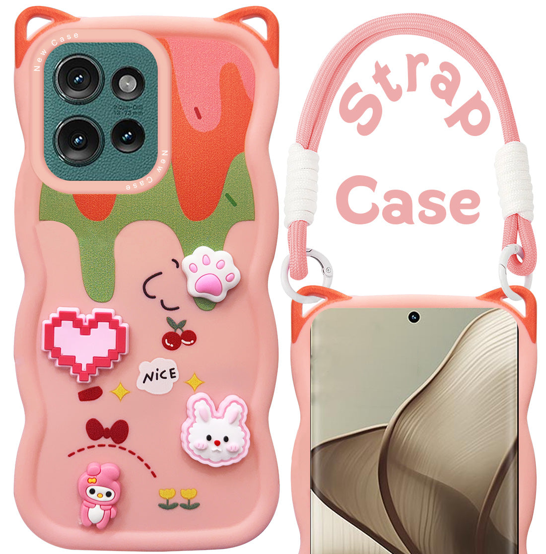 For Motorola Moto Edge 50 5G Back Case Cover Strap (3D embossed Figures | Strap Holder | 360* Soft Cushion with Camera Bump)