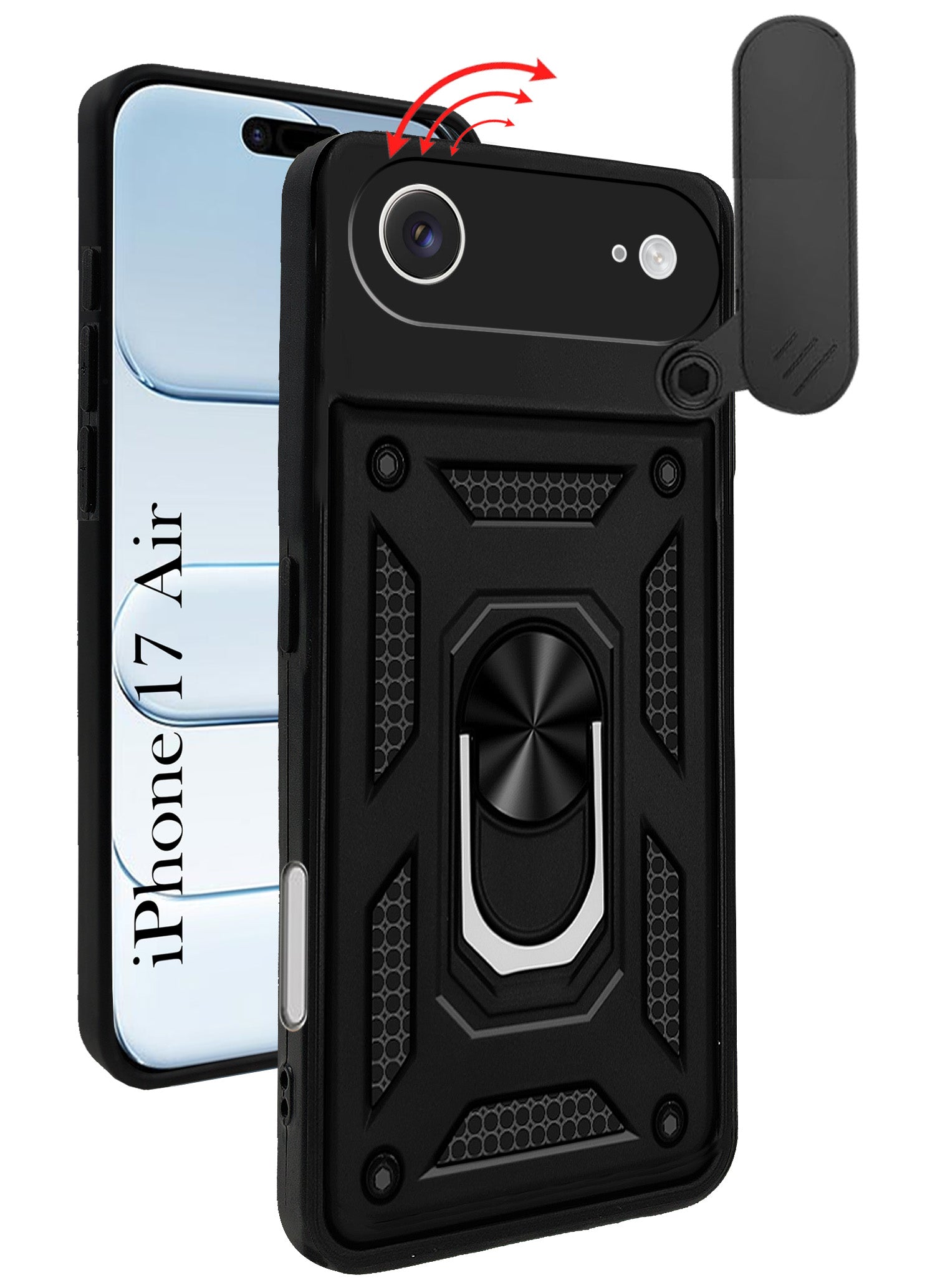 For Apple iPhone 17 Air Back Cover Case (Sliding Shutter Camera Protection | Polycarbonate |Ring Holder Kickstand)