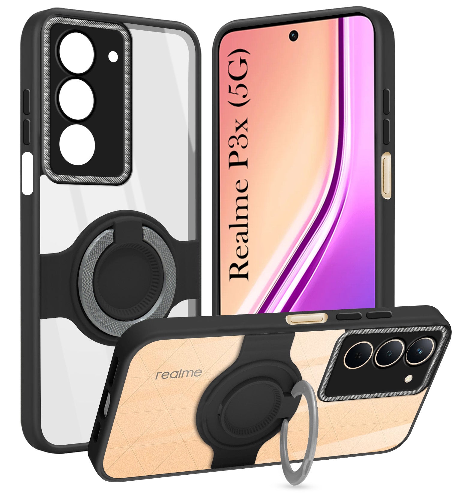 For Realme P3x Back Cover Case with stand (Built-in Ring Holder Kickstand | Lifetime Anti Yellow | Camera Protection)