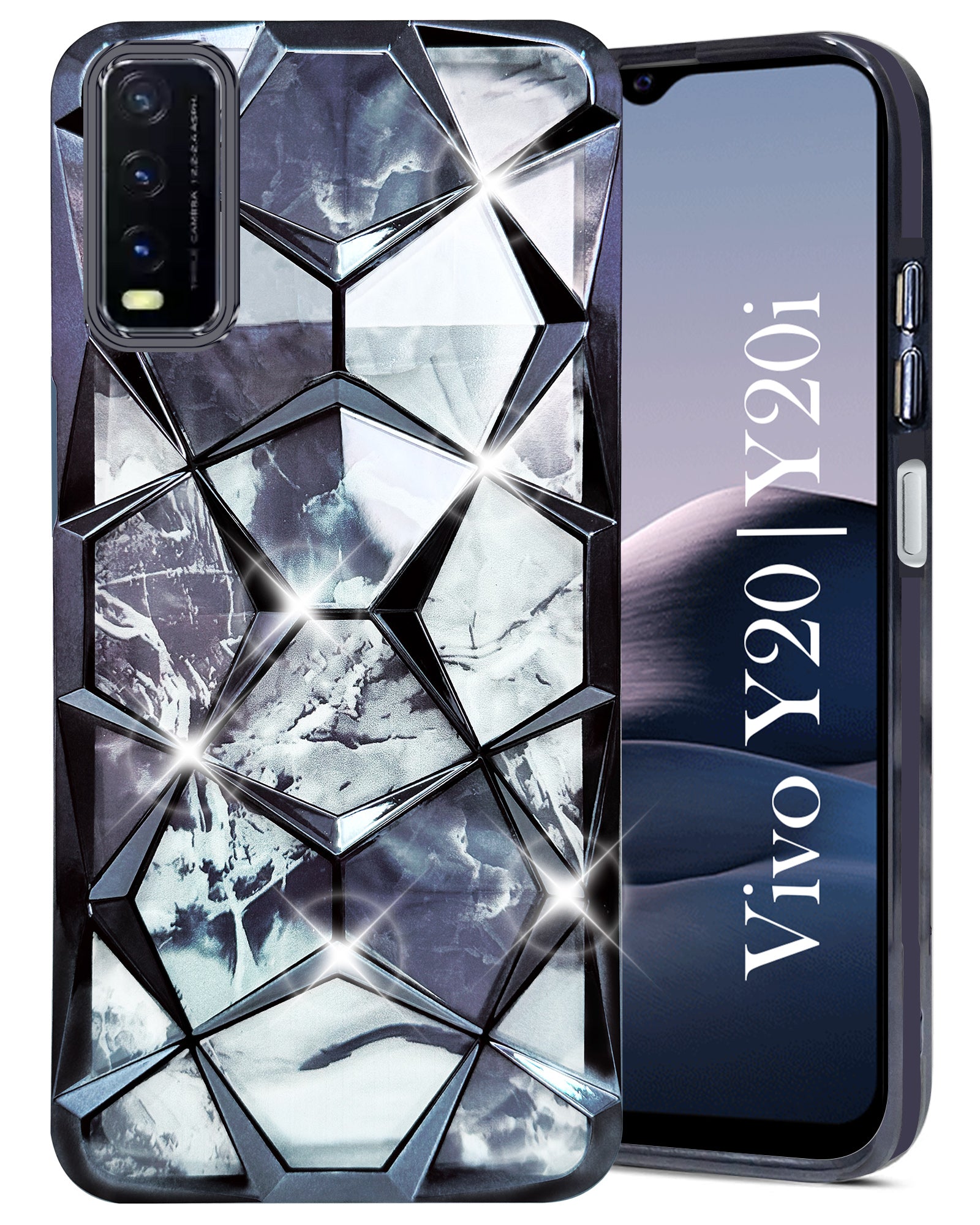 For Vivo Y20 | Y20i Back Cover Case (Dual Design Glitter Sparkle and Detachable Diamond Print Case | Soft and Flexible)