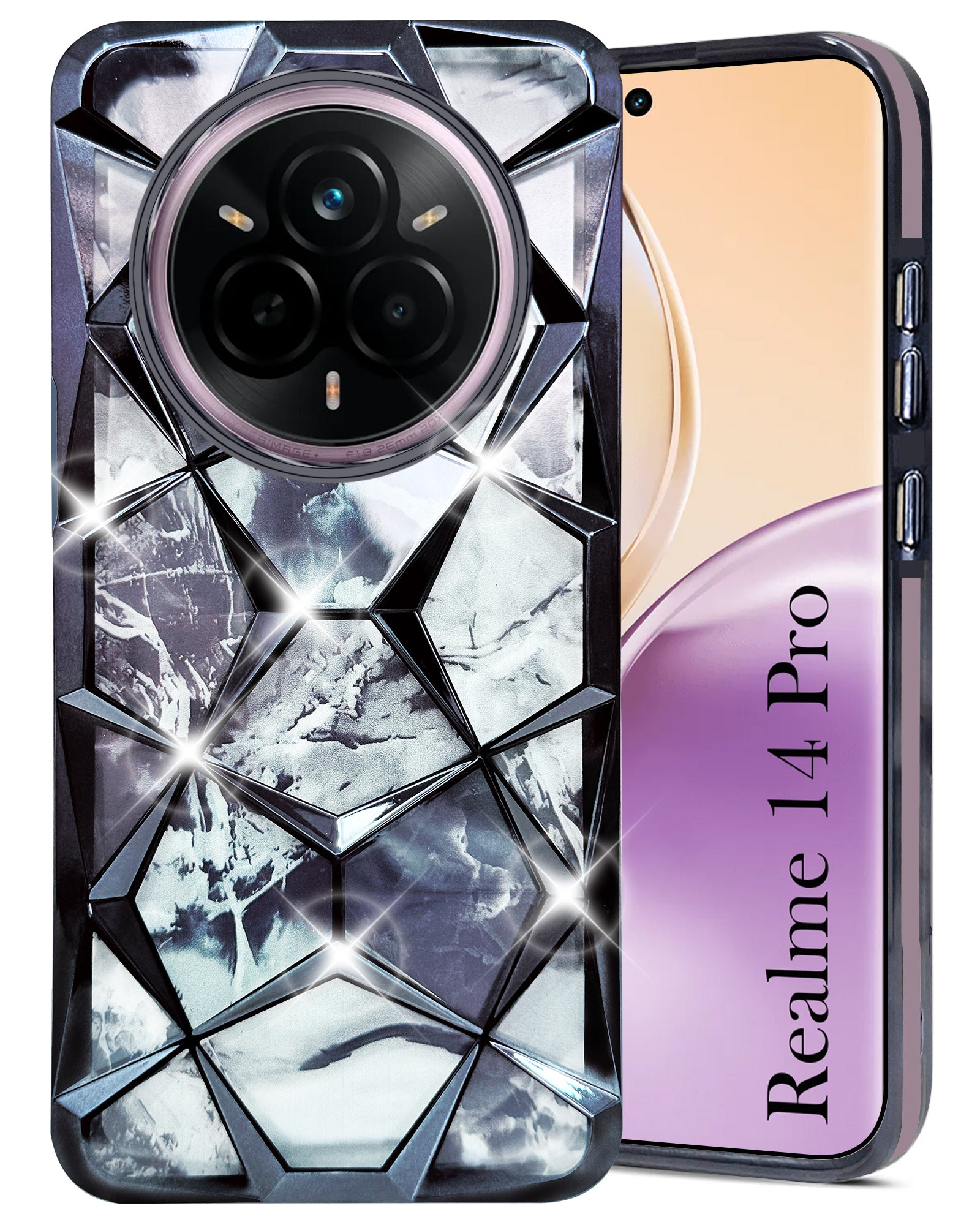 For Realme 14 Pro Back Cover Case (Dual Design Glitter Sparkle and Detachable Diamond Print Case | Soft and Flexible)