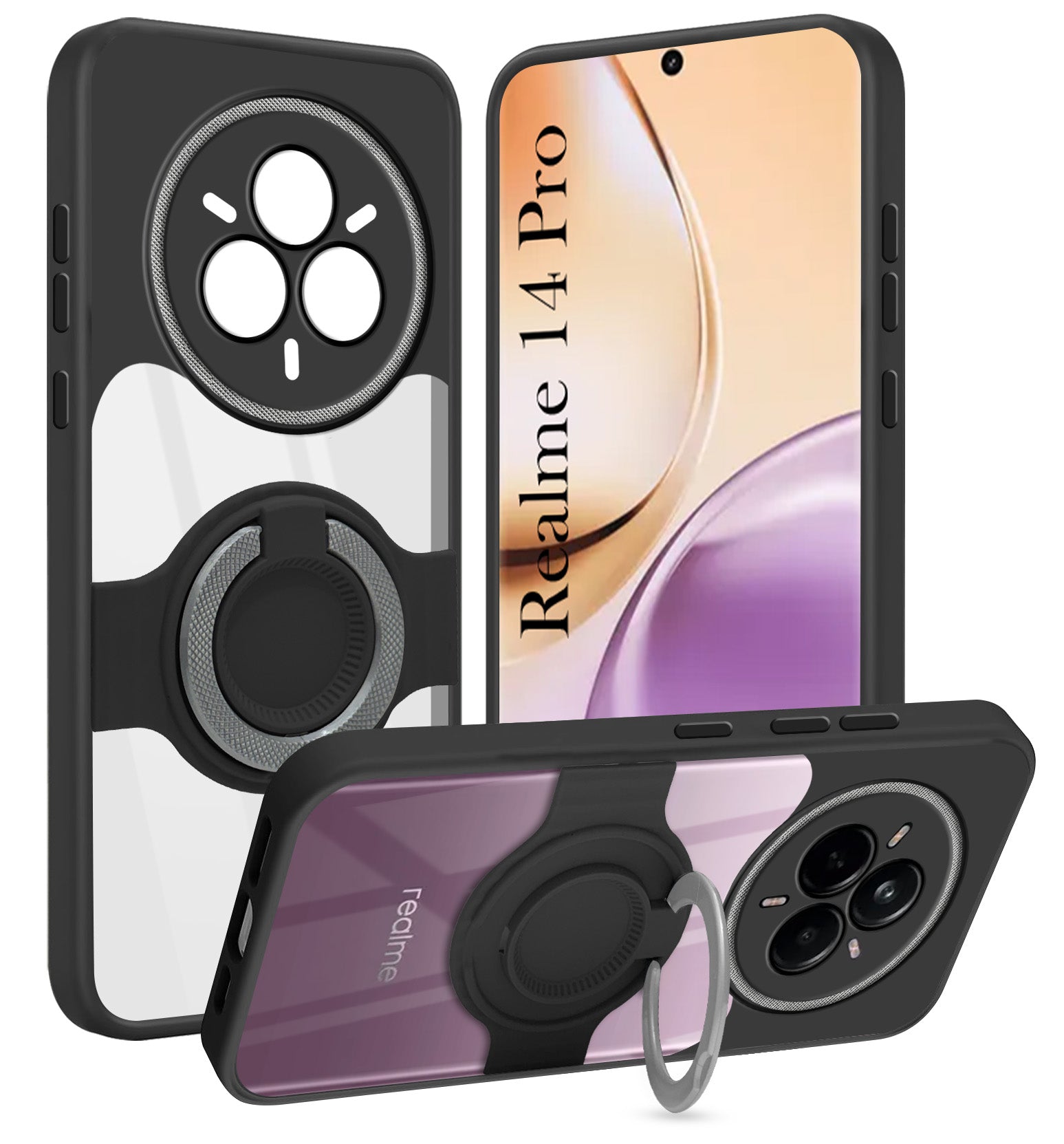 For Realme 14 Pro Back Cover Case with stand (Built-in Ring Holder Kickstand | Lifetime Anti Yellow | Camera Protection)