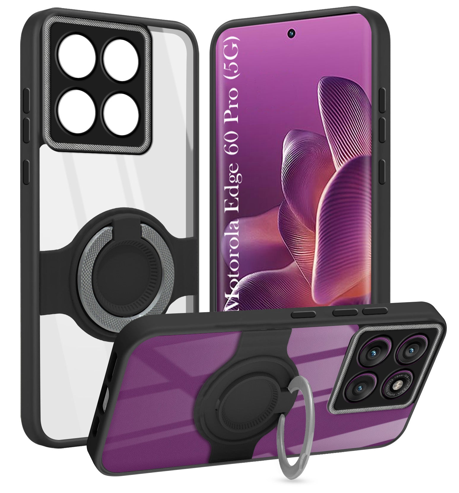 For Motorola Moto Edge 60 Pro Back Cover Case with stand (Built-in Ring Holder Kickstand | Lifetime Anti Yellow | Camera Protection)