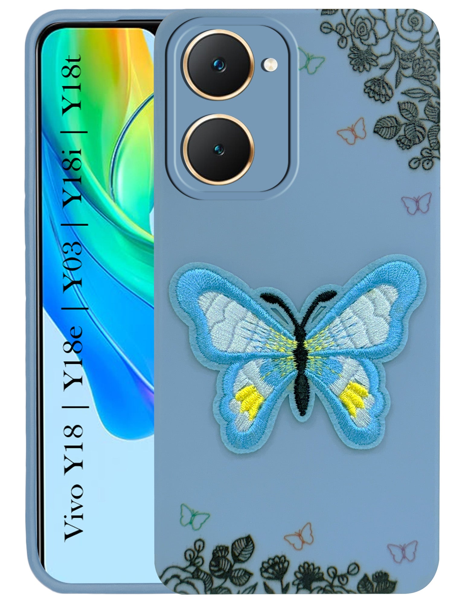 For Vivo Y18 | Vivo Y18e | Vivo Y03 | Vivo Y18i | Vivo Y18T Back Cover Case (Soft Butterfly Embroidery | Women Teen Girls | Camera Protection| Matte Silicone)