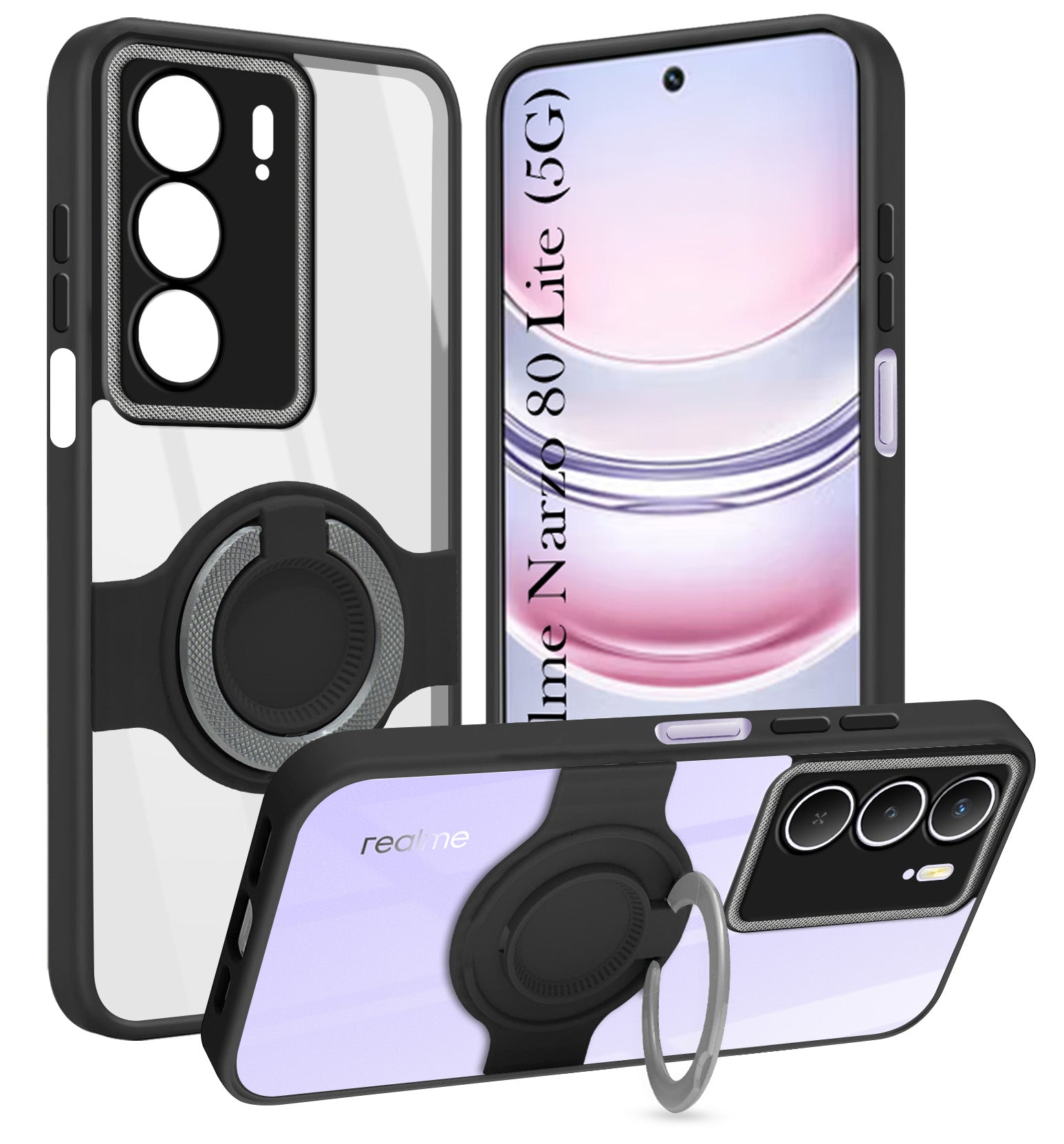 For Realme Narzo 80 Lite 5G Back Cover Case with stand (Built-in Ring Holder Kickstand | Lifetime Anti Yellow | Camera Protection)