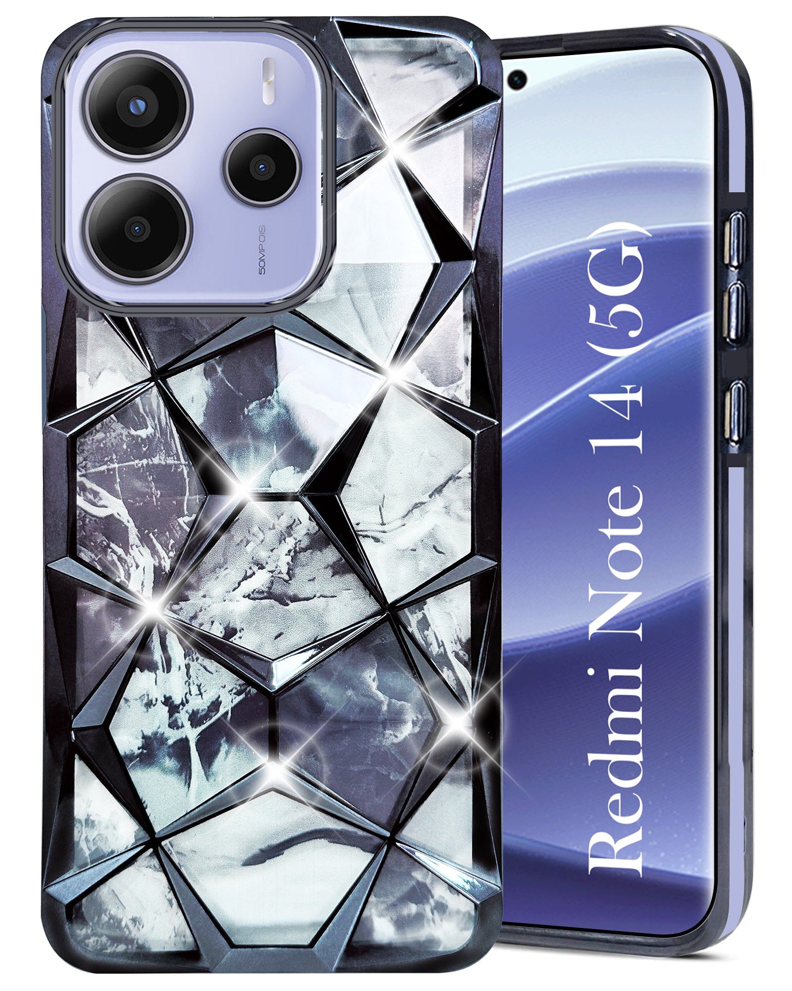 For Redmi Note 14 5G Back Cover Case ( Dual Design Glitter Sparkle and Detachable Diamond Print Case | Soft and Flexible)