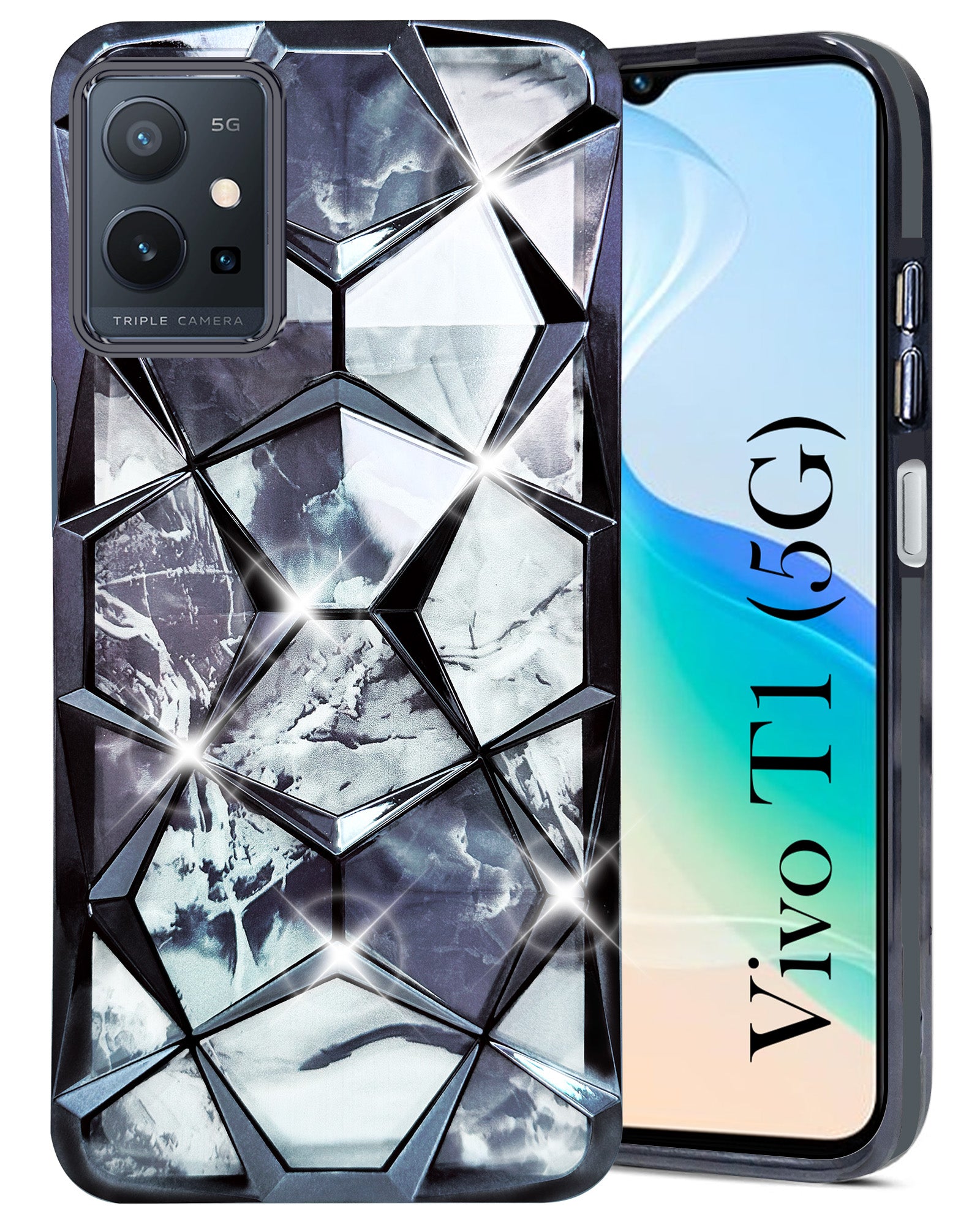 For Vivo T1 5G Back Cover Case ( Dual Design Glitter Sparkle and Detachable Diamond Print Case | Soft and Flexible)