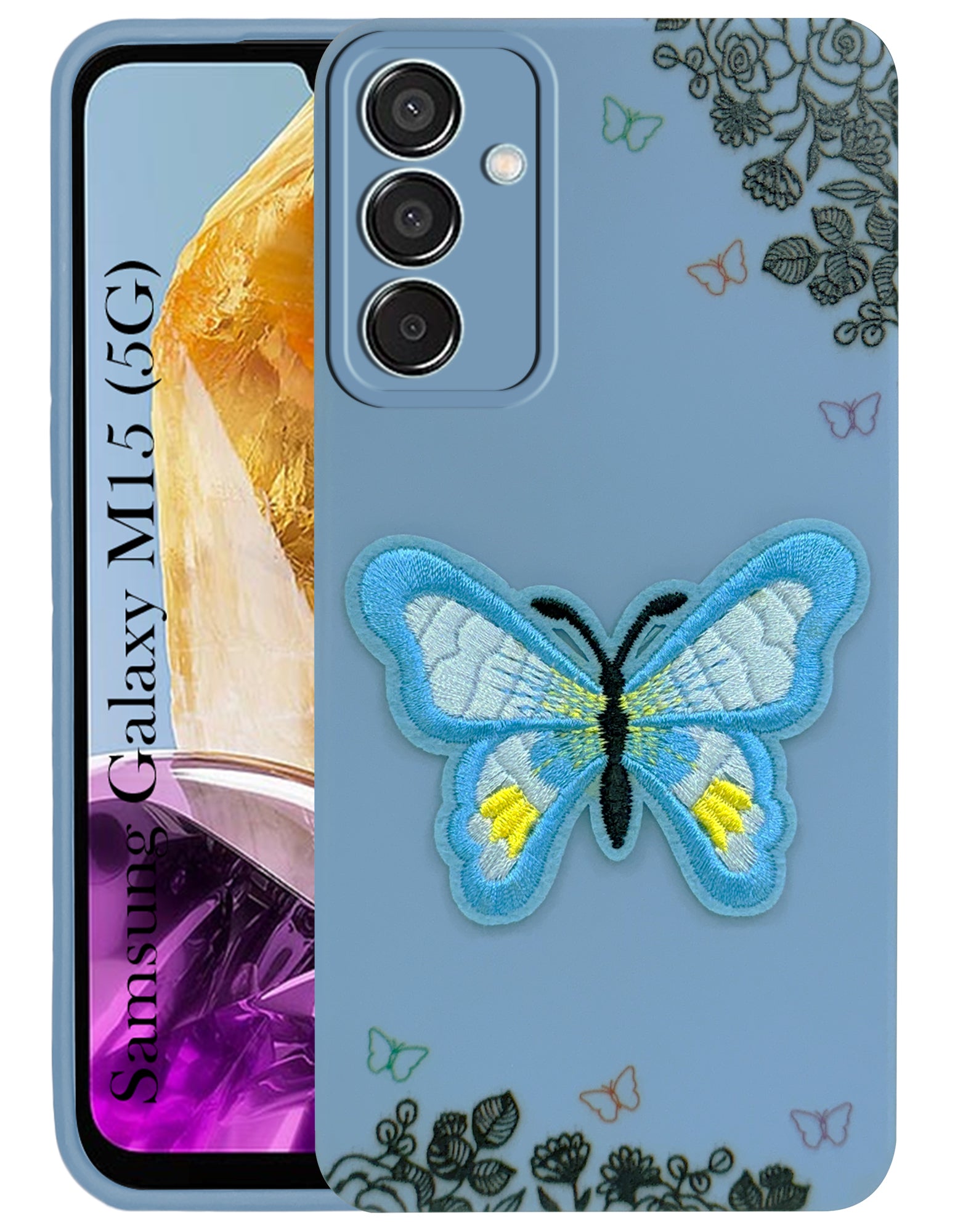 For Samsung Galaxy M15 5G Back Cover Case (Soft Butterfly Embroidery | Women Teen Girls | Camera Protection| Matte Silicone)