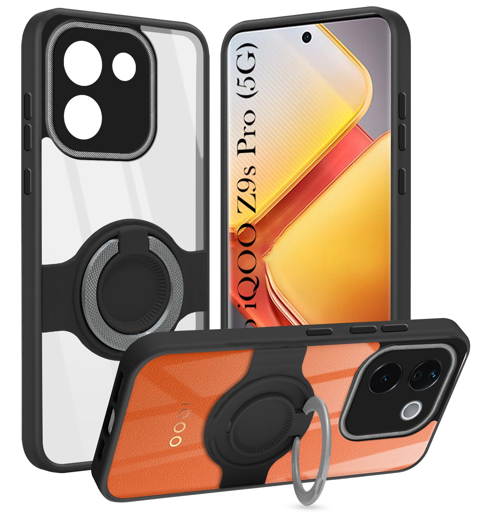 For Vivo iQOO Z9s Pro Back Cover Case with stand (Built-in Ring Holder Kickstand | Lifetime Anti Yellow | Camera Protection)