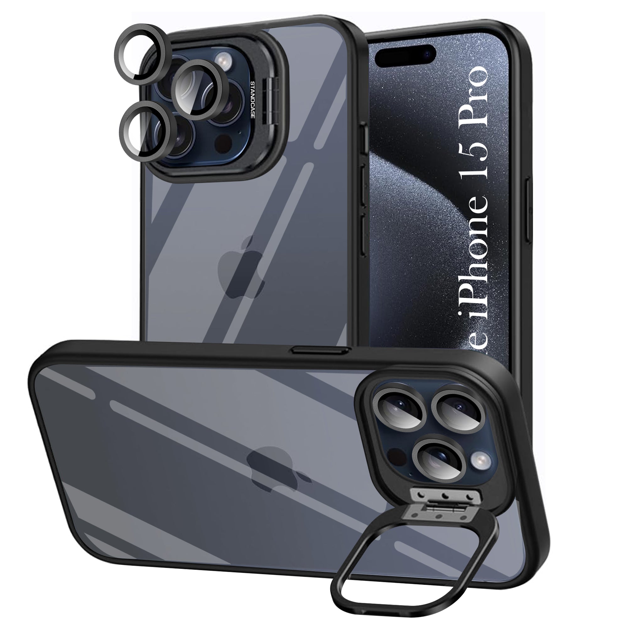 For Apple iPhone 15 Pro Back Cover Case (Camera Lens Glass | Metal Stand Holder | Shockproof Hybrid | Anti Yellow |)