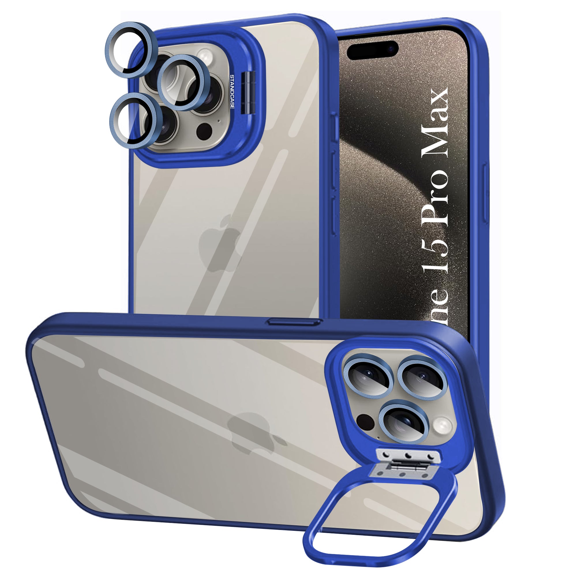 For Apple iPhone 15 Pro Max Back Cover Case (Camera Lens Glass | Metal Stand Holder | Shockproof Hybrid | Anti Yellow |)