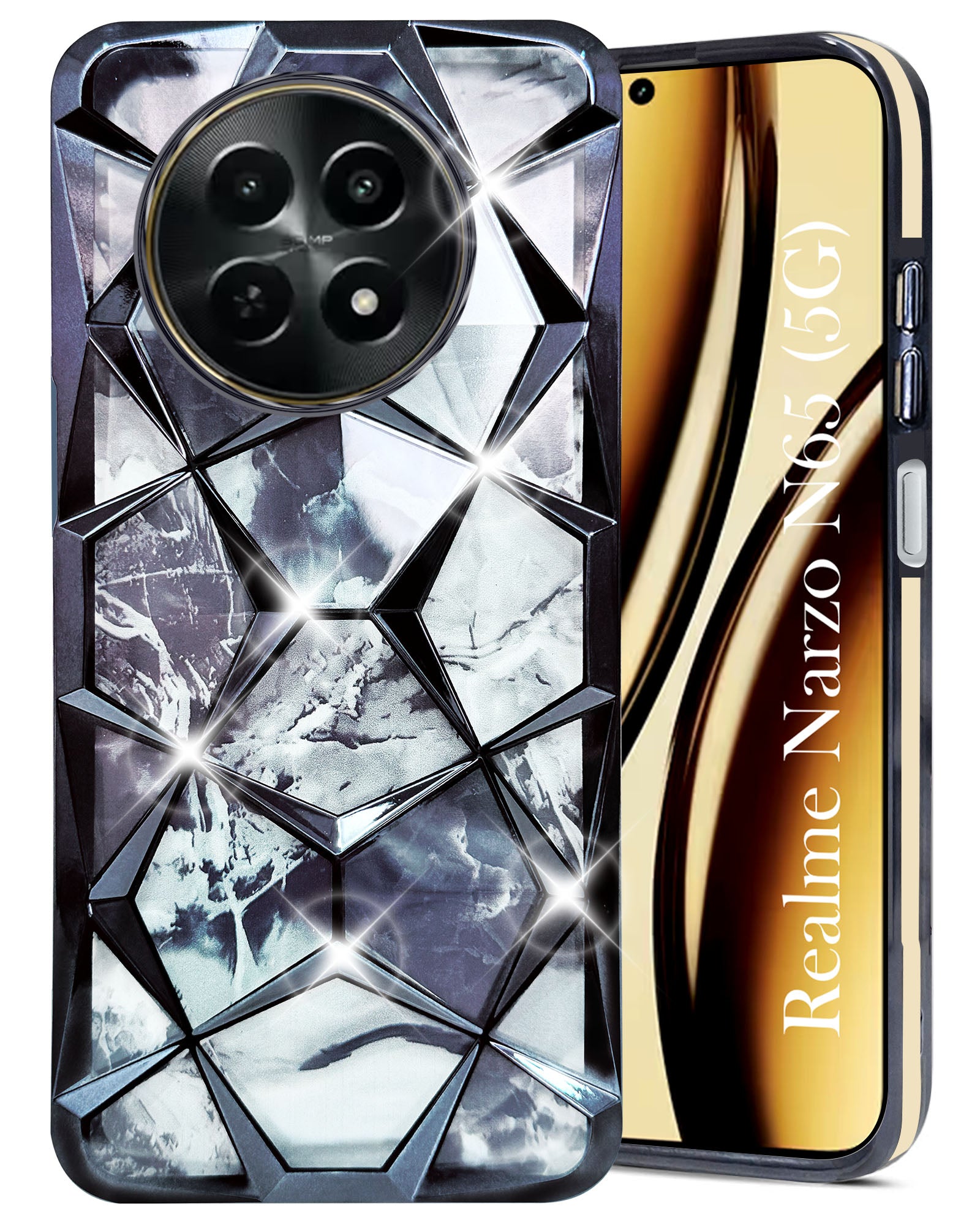 For Realme Narzo N65 5G Back Cover Case (Dual Design Glitter Sparkle and Detachable Diamond Print Case | Soft and Flexible)