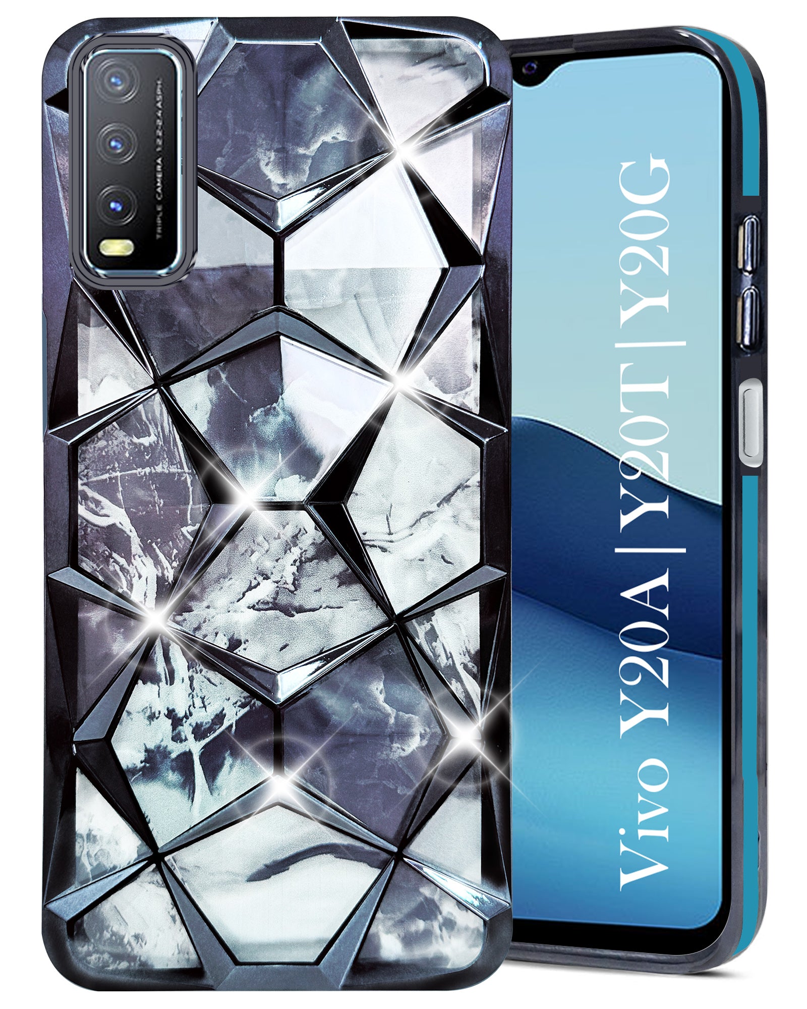 For Vivo Y20A | Y20T | Y20G Back Cover Case (Dual Design Glitter Sparkle and Detachable Diamond Print Case | Soft and Flexible)