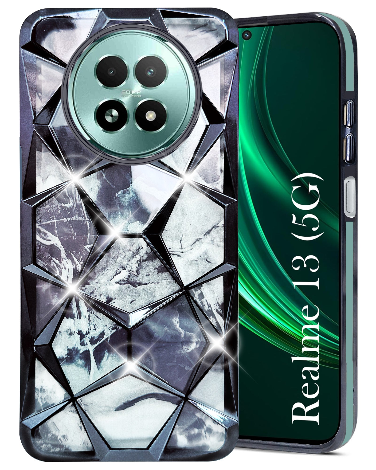 For Realme 13 Back Cover Case (Dual Design Glitter Sparkle and Detachable Diamond Print Case | Soft and Flexible)