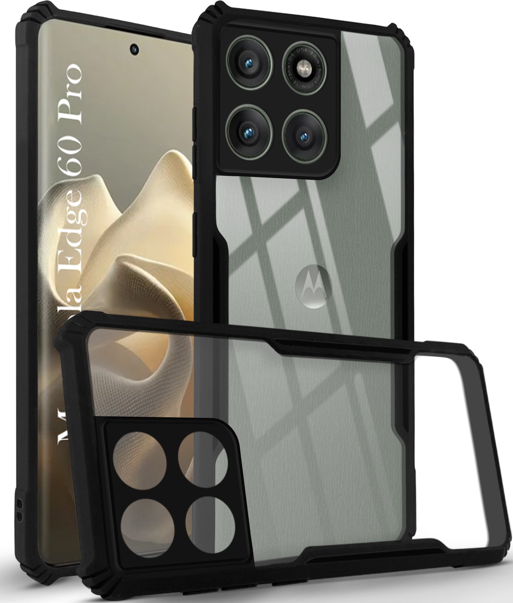 For Motorola Moto Edge 60 Pro Back Cover Case Shockproof with Polycarbonate Clear Panel Professional Black)