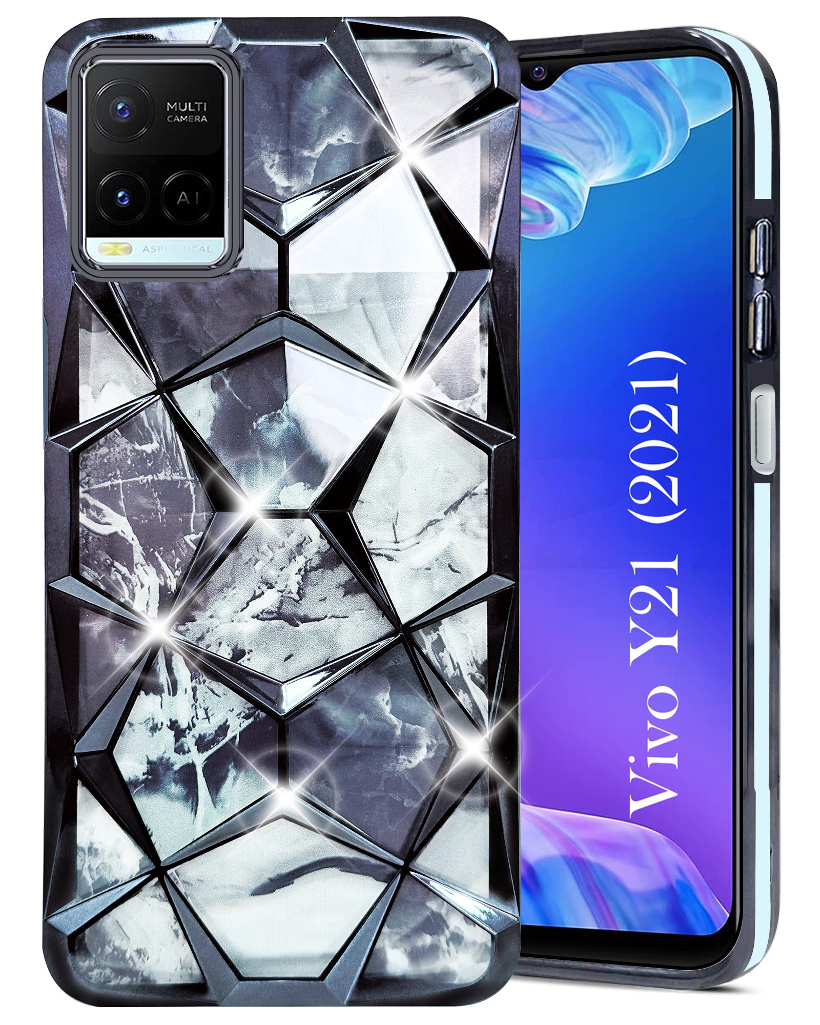 For Vivo Y21 2021 Back Cover Case (Dual Design Glitter Sparkle and Detachable Diamond Print Case | Soft and Flexible)