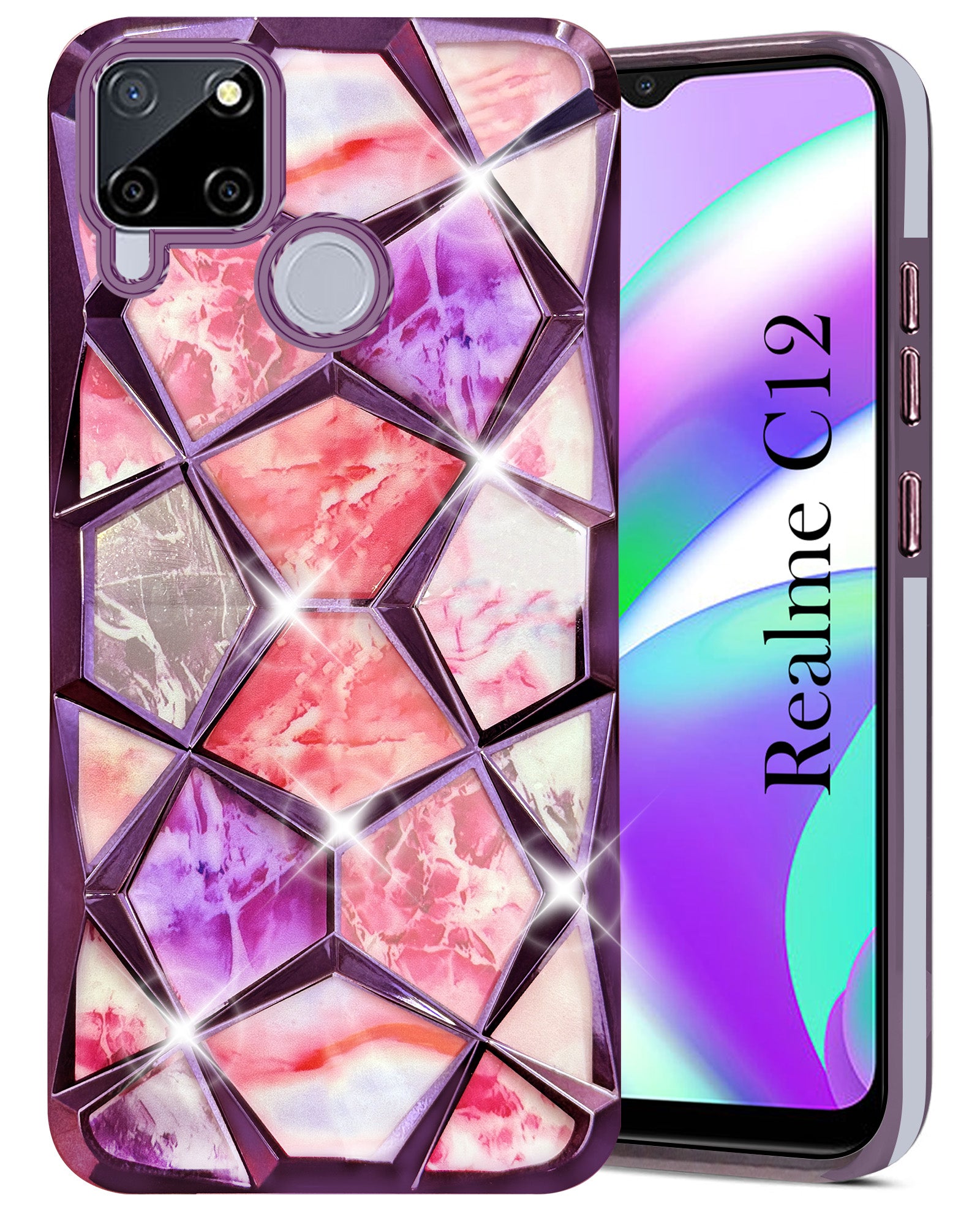 For Realme C12 Back Cover Case (Dual Design Glitter Sparkle and Detachable Diamond Print Case | Soft and Flexible)