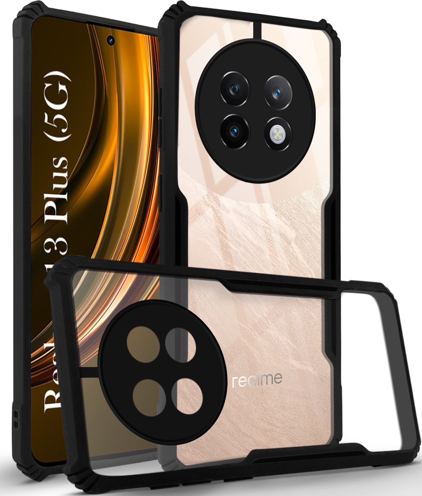 For Realme 13 Plus Back Cover Case ( Shockproof with Polycarbonate Clear Panel | Professional Black)