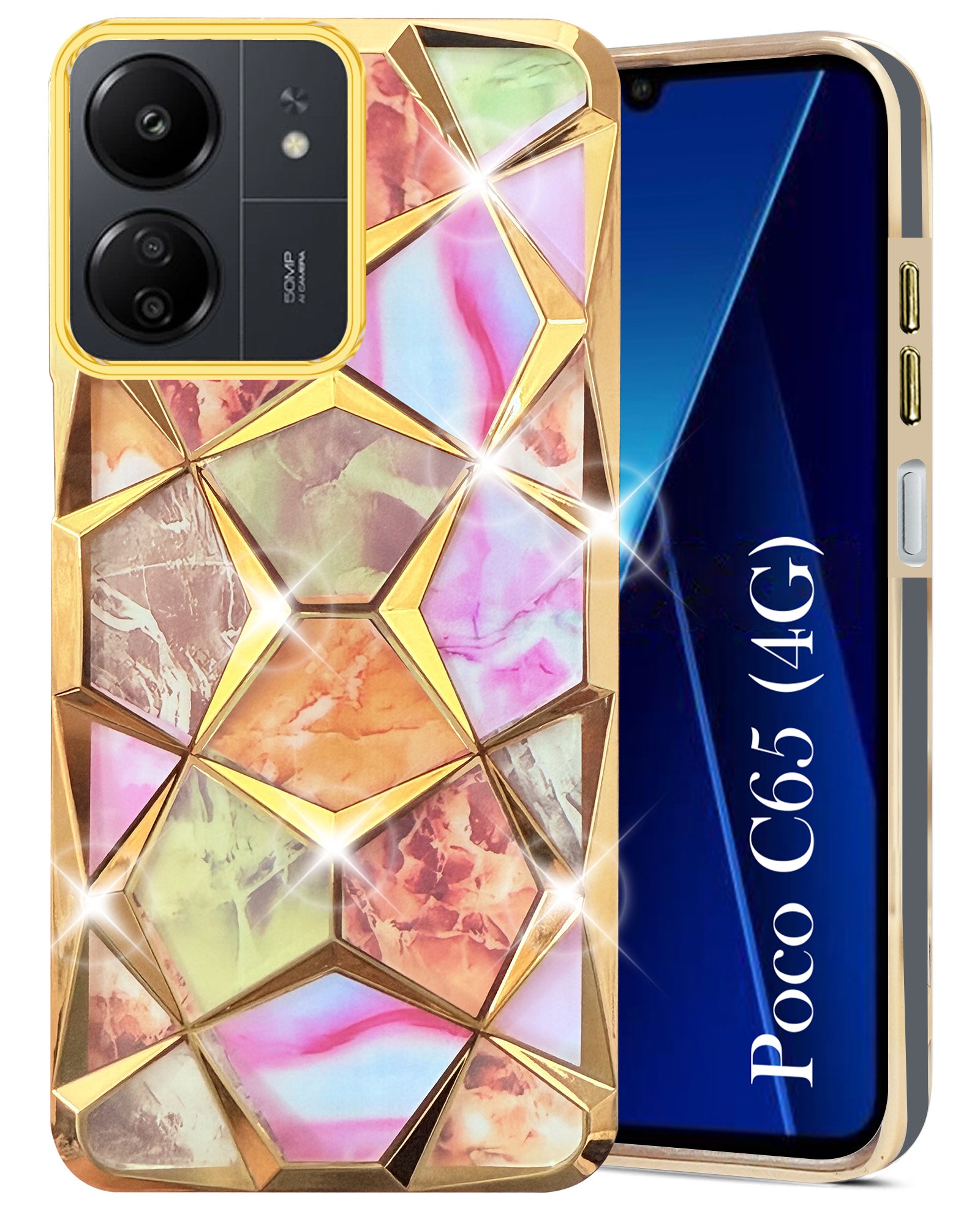 For Poco C65 Back Cover Case (Dual Design Glitter Sparkle and Detachable Diamond Print Case | Soft and Flexible)