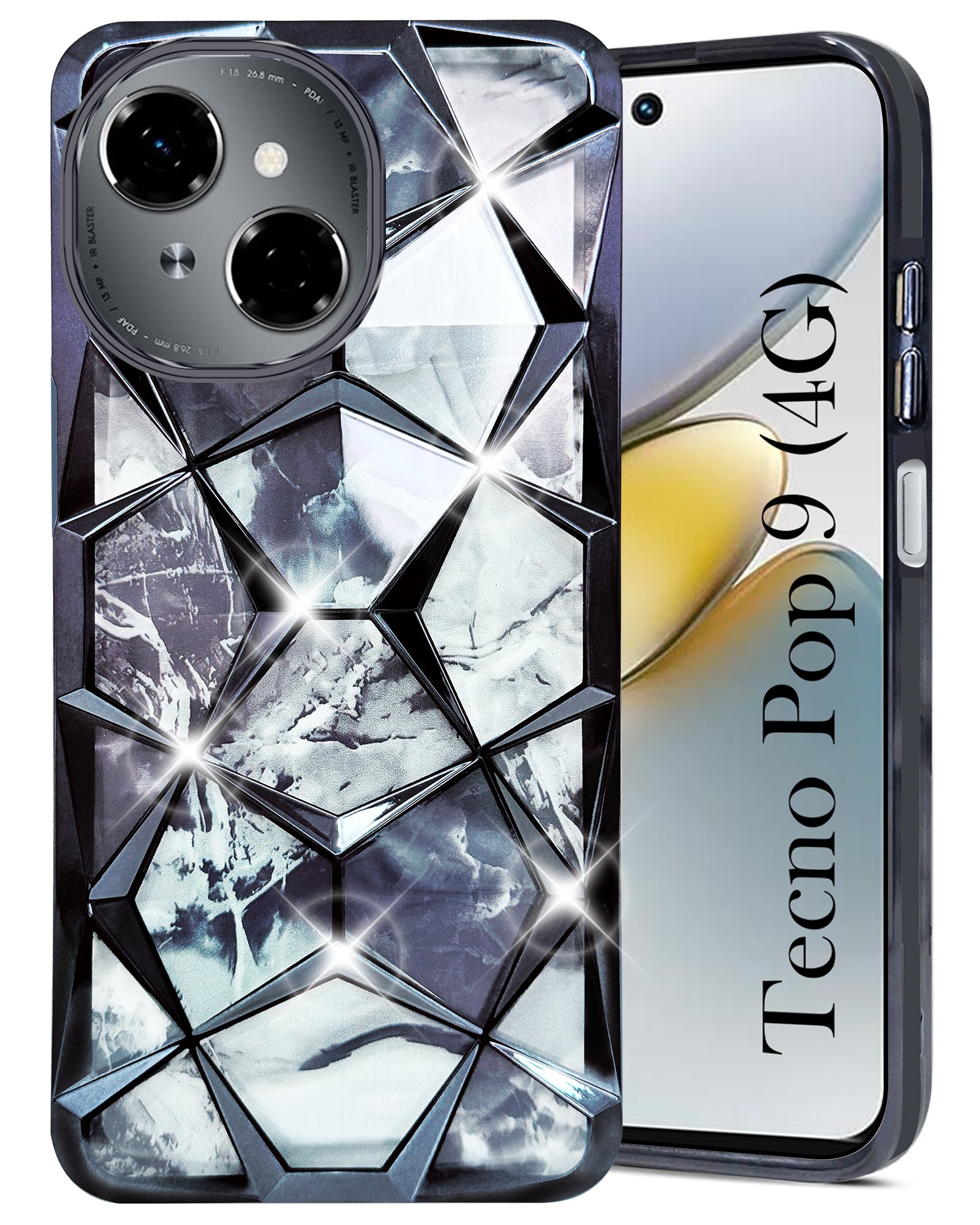 For Tecno Pop 9 4G Back Cover Case Compatible With ( Dual Design Glitter Sparkle and Detachable Diamond Print Case | Soft and Flexible)