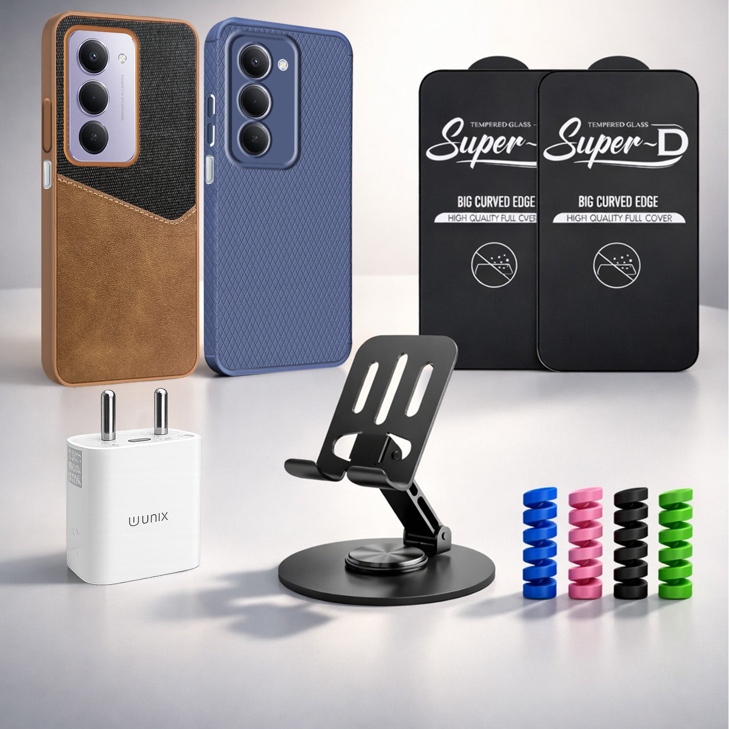Complete Mobile Care Kit (Get Any 2 Cases+2 Tempered Glass+25W Charger Adapter+Metallic Mobile Stand+Cable Protector)