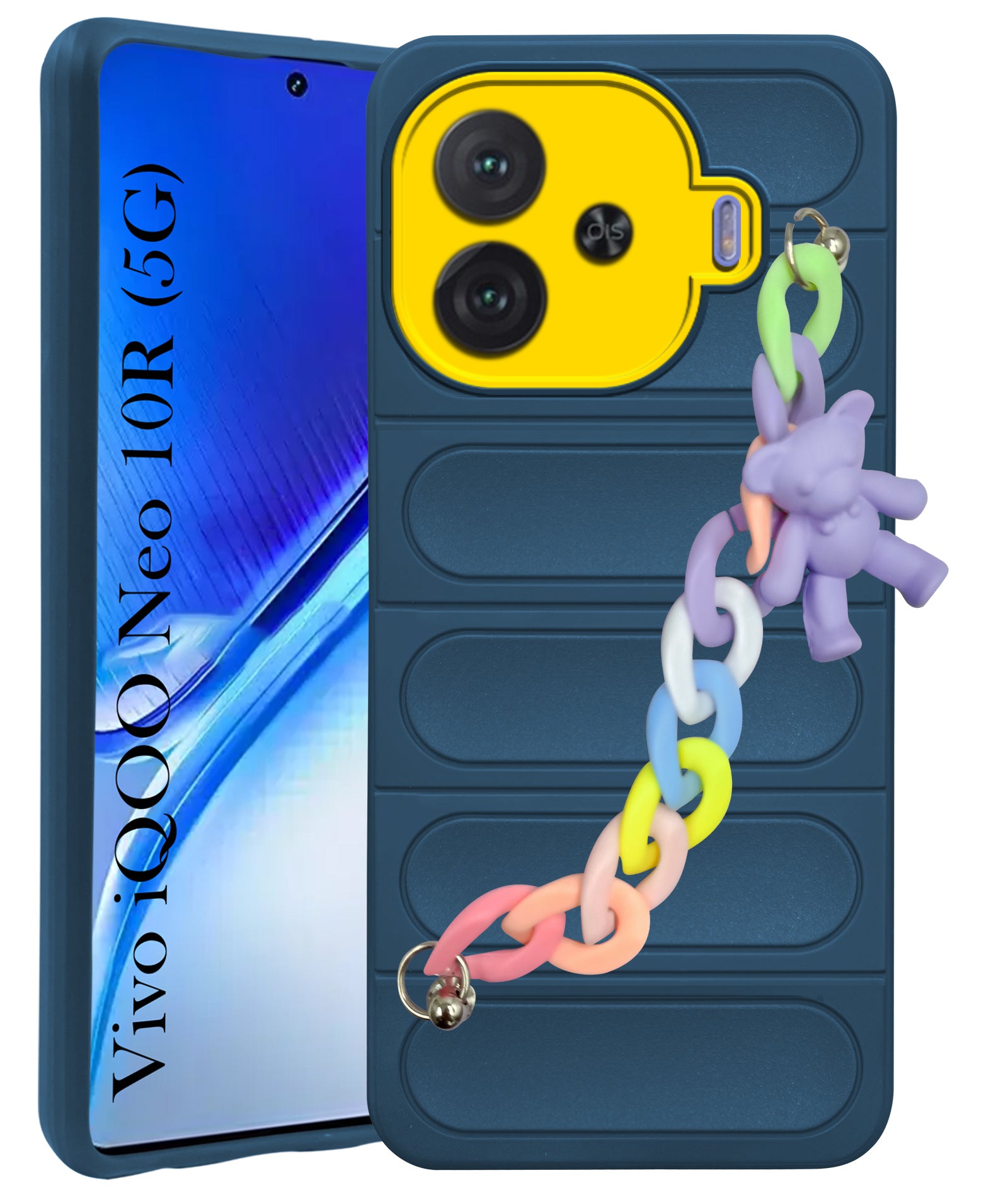 For Vivo iQOO Neo 10R Back Cover Case (Wrist Hanging Chain | Teddy Bracelet Charms | Matte Liquid Silicone | Camera Protection Ring)