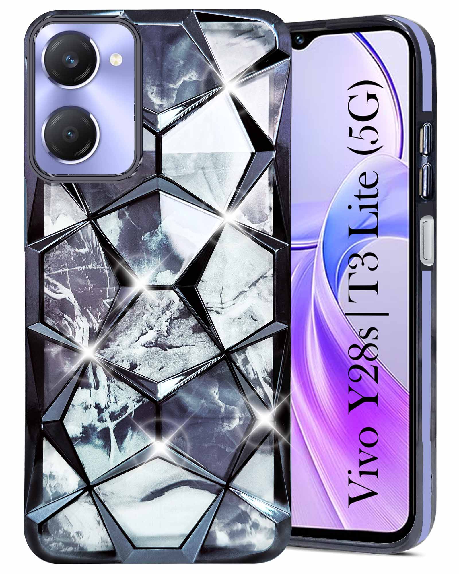 For Vivo T3 Lite 5G | Vivo Y28s 5G Back Cover Case (Dual Design Glitter Sparkle and Detachable Diamond Print Case | Soft and Flexible)