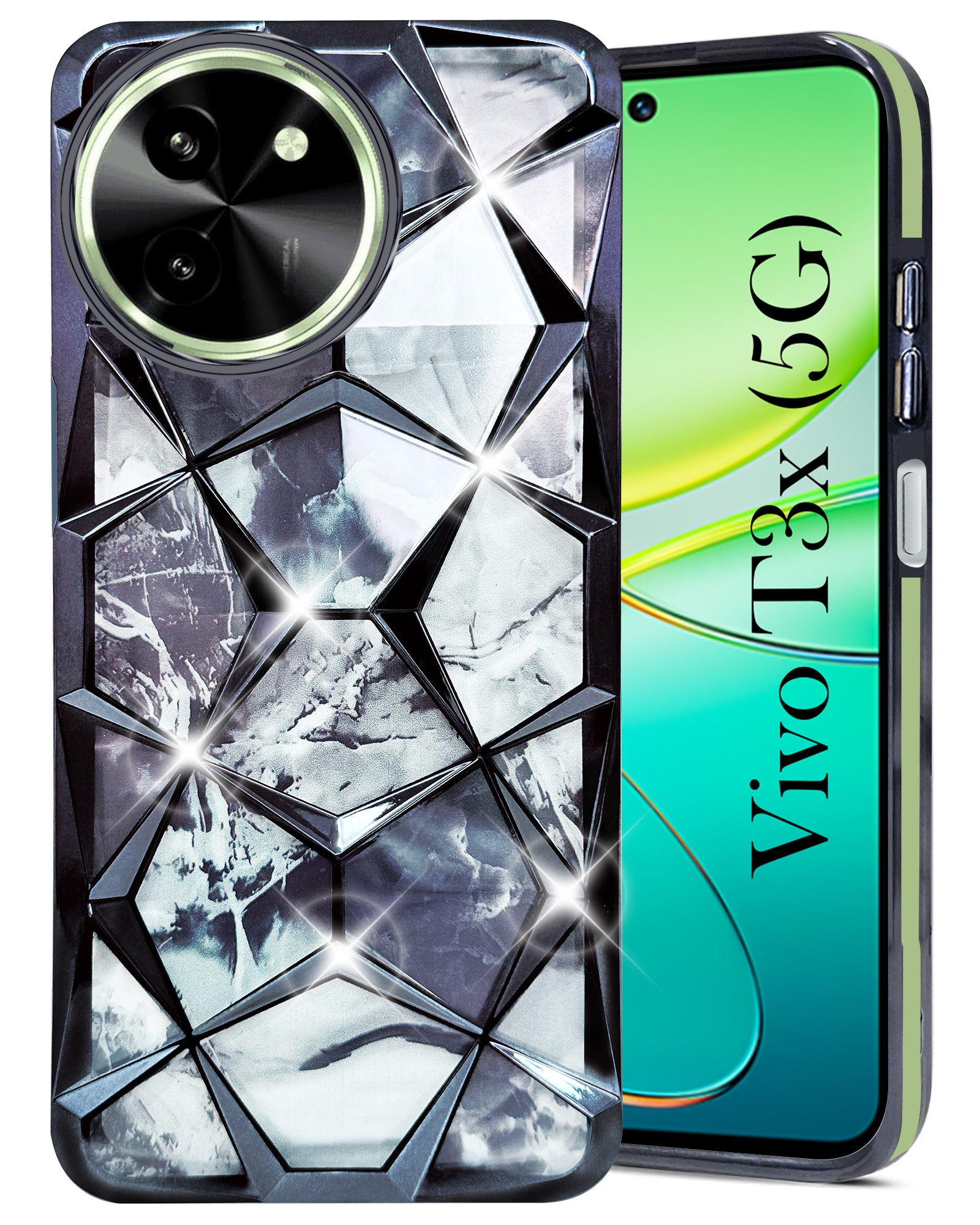 For Vivo T3x 5G Back Cover Case (Dual Design Glitter Sparkle and Detachable Diamond Print Case | Soft and Flexible)