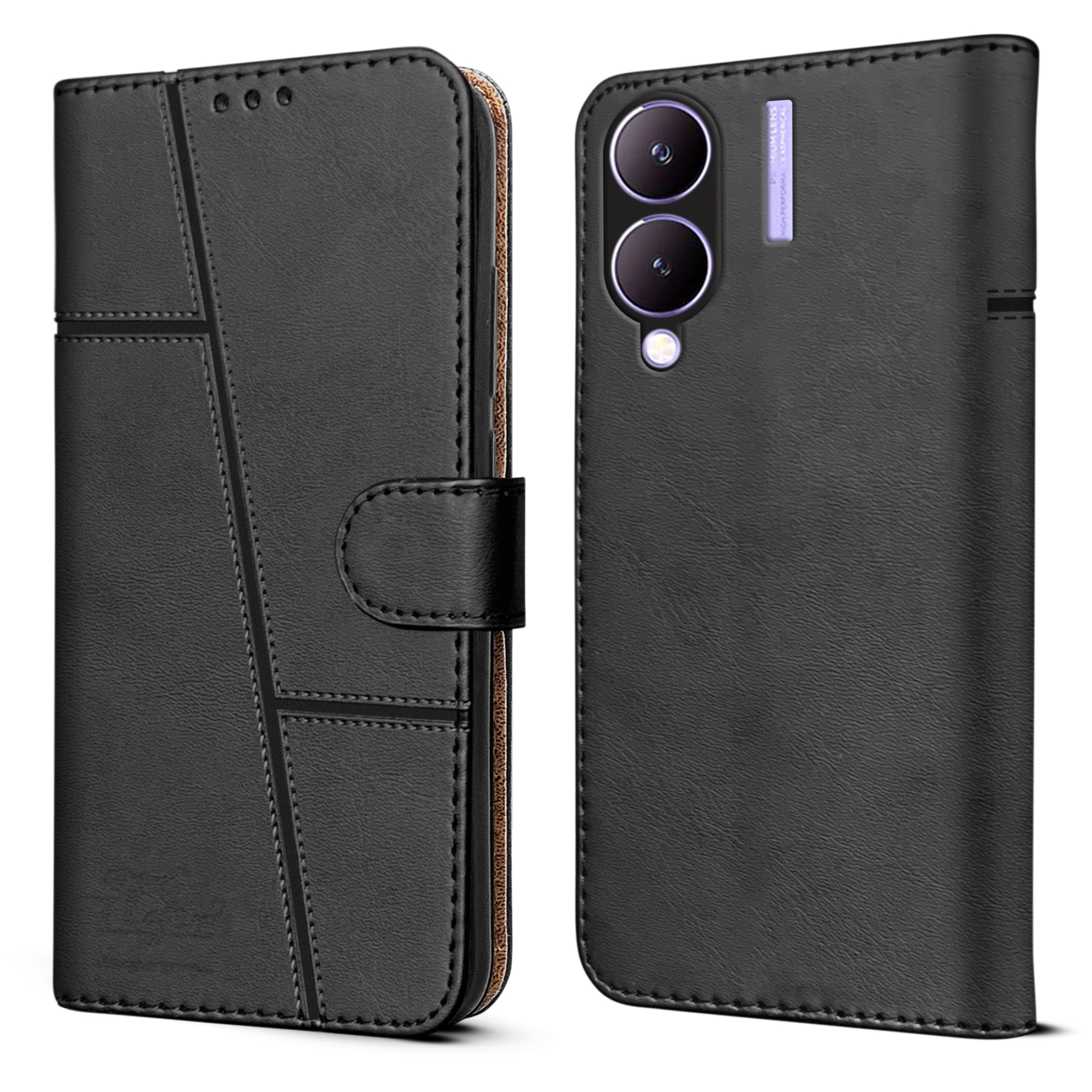 For Vivo Y17s Flip Cover Case (Stitched Leather with Magnetic Closure)