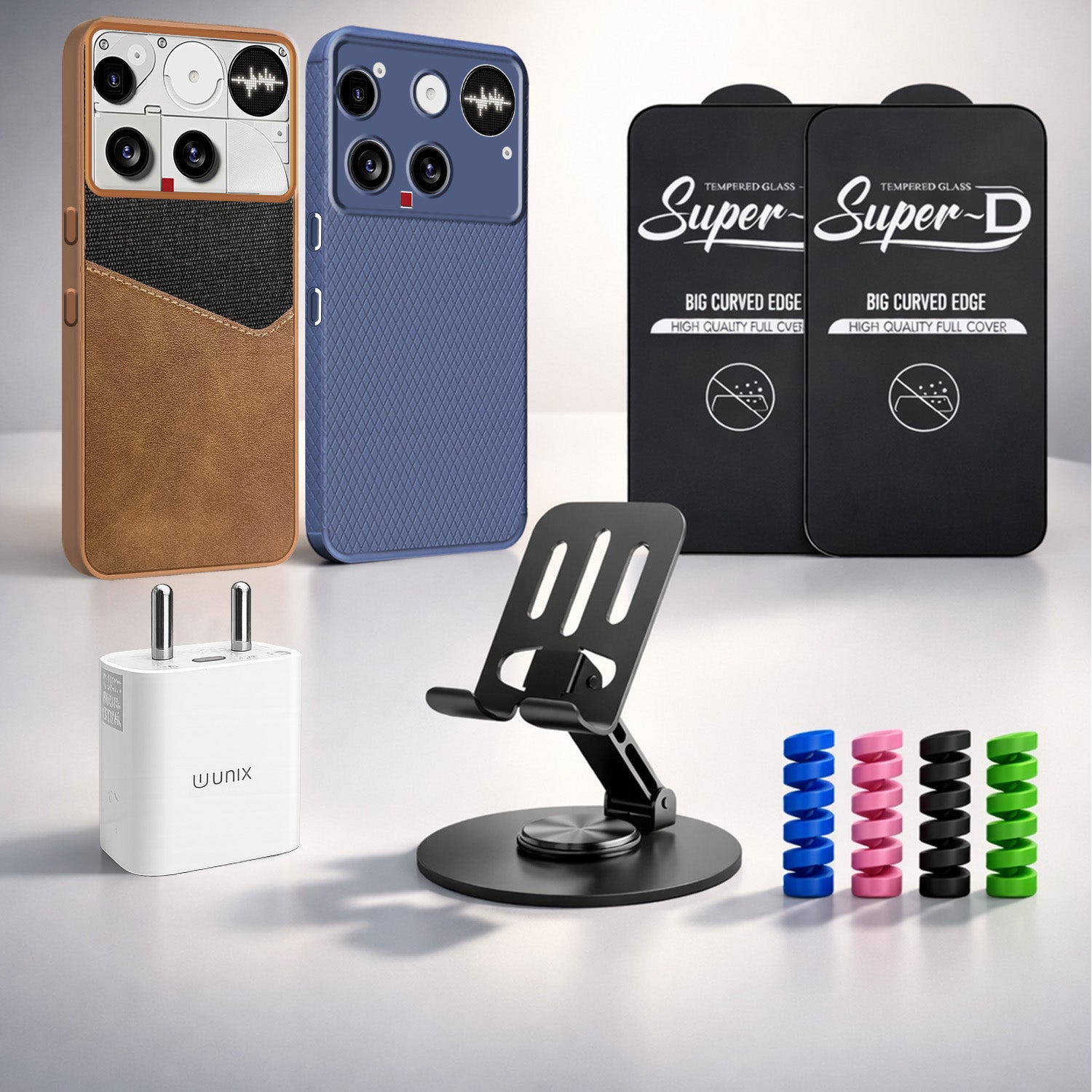 Complete Mobile Care Kit (Get Any 2 Cases+2 Tempered Glass+25W Charger Adapter+Metallic Mobile Stand+Cable Protector)