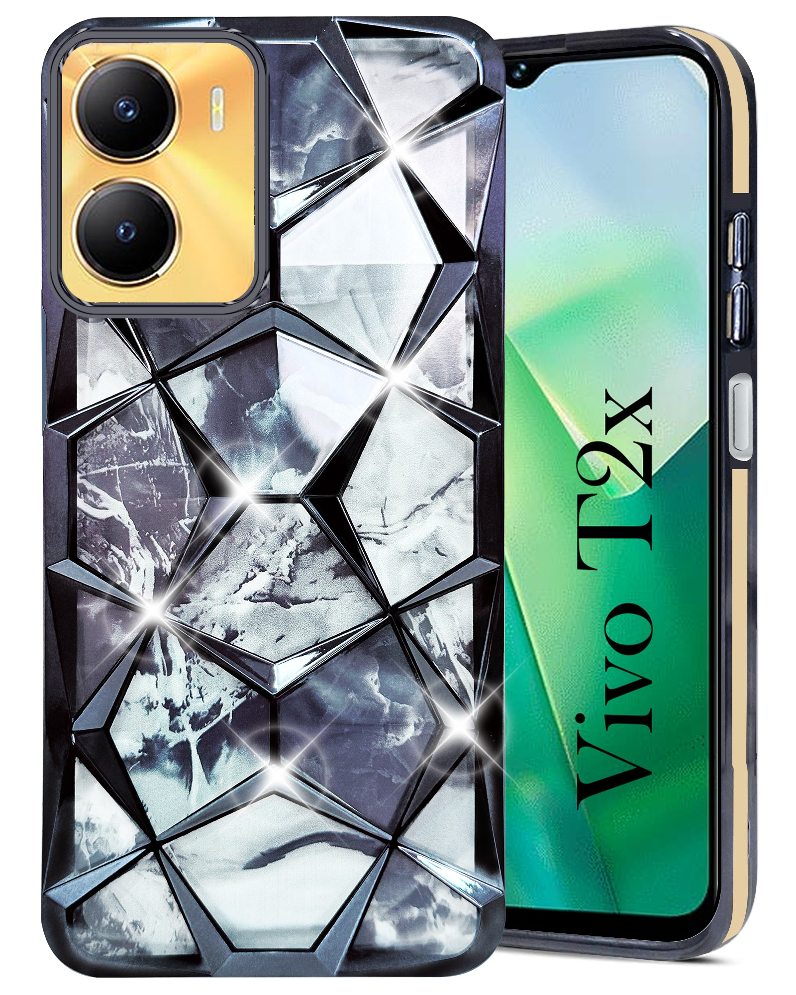 For Vivo T2x Back Case Cover ( Dual Design Glitter Sparkle and Detachable Diamond Print Case | Soft and Flexible)