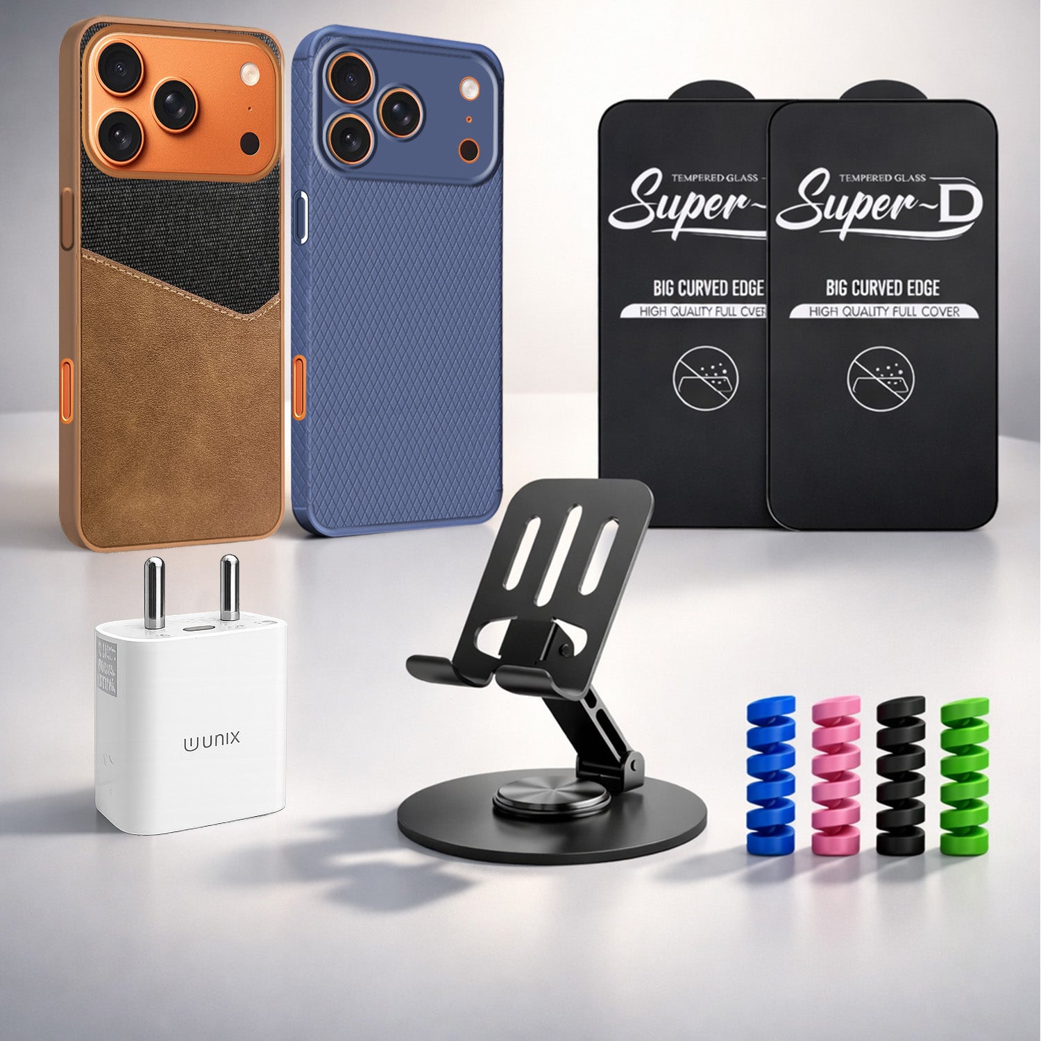 Complete Mobile Care Kit (Get Any 2 Cases+2 Tempered Glass+25W Charger Adapter+Metallic Mobile Stand+Cable Protector)