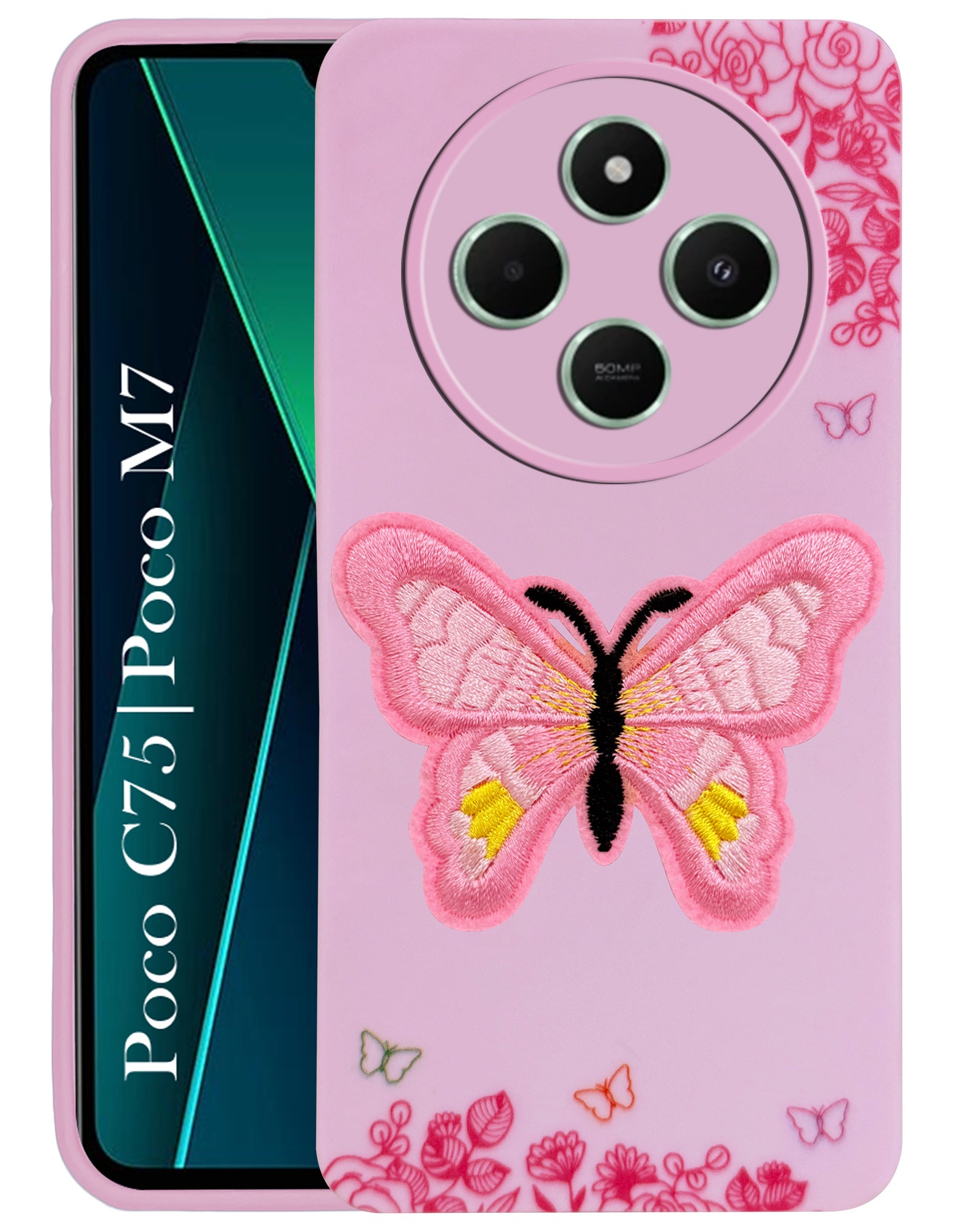 For Poco C75 | Poco M7 Back Cover Case (Soft Butterfly Embroidery | Women Teen Girls | Camera Protection| Matte Silicone)