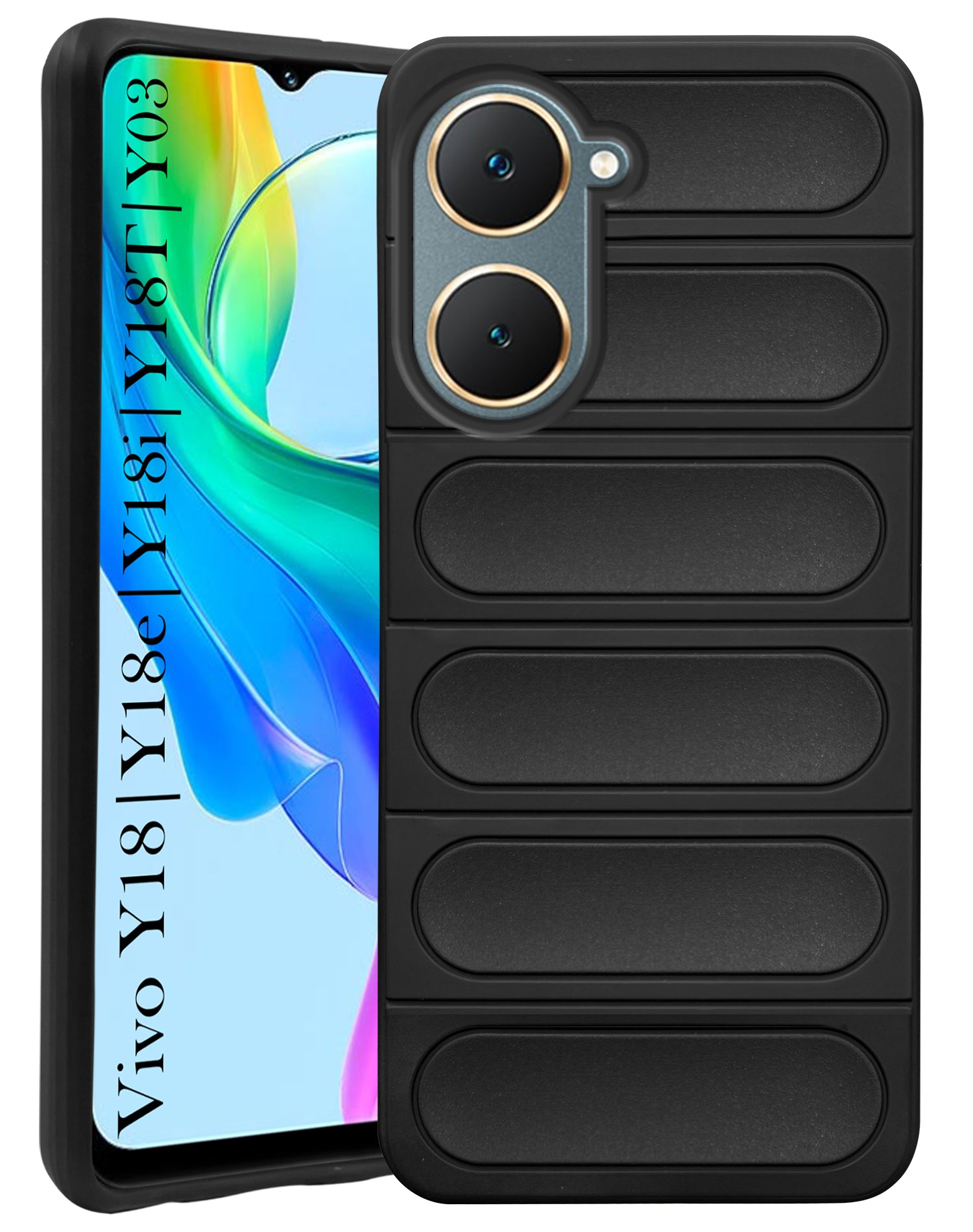 For Vivo Y18 | Y18e | Y03 | Y18i | Y18t Back Cover Case (Matte Liquid Silicone | Professional Micro-Fiber Cloth Inside | Camera Protection Ring | Wave Black)