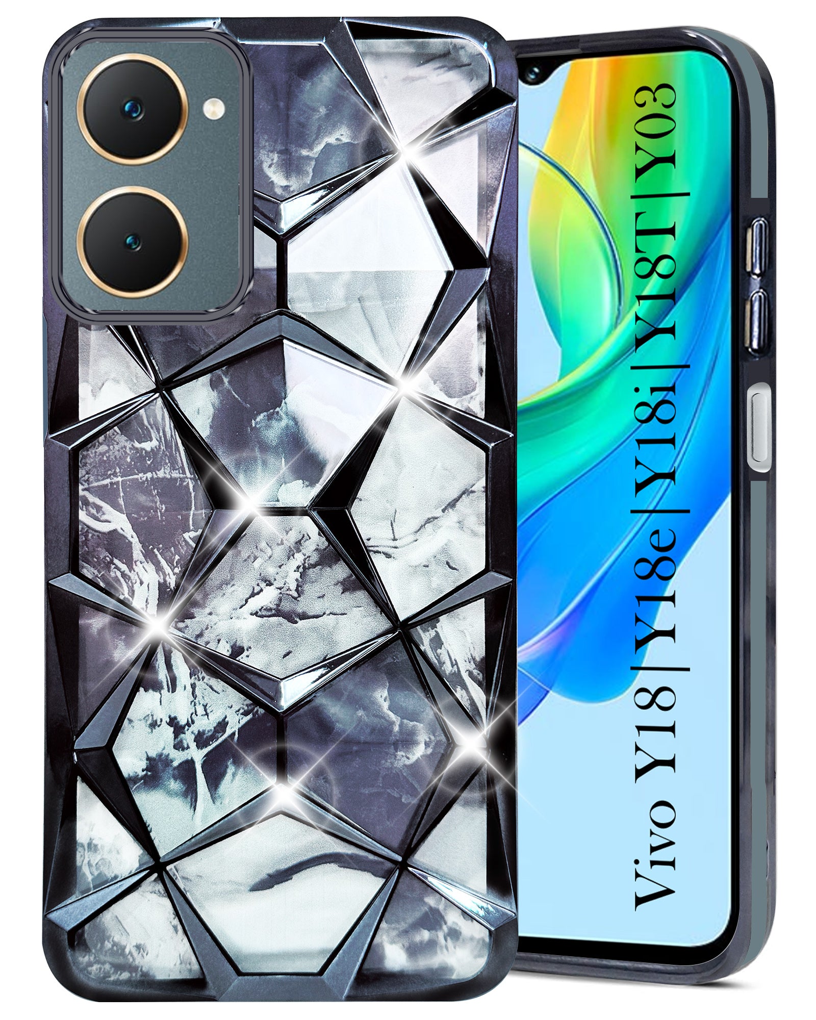 For Vivo Y18 | Y18e | Y03 | Y18i | Y18t Back Cover Case (Dual Design Glitter Sparkle and Detachable Diamond Print Case | Soft and Flexible)
