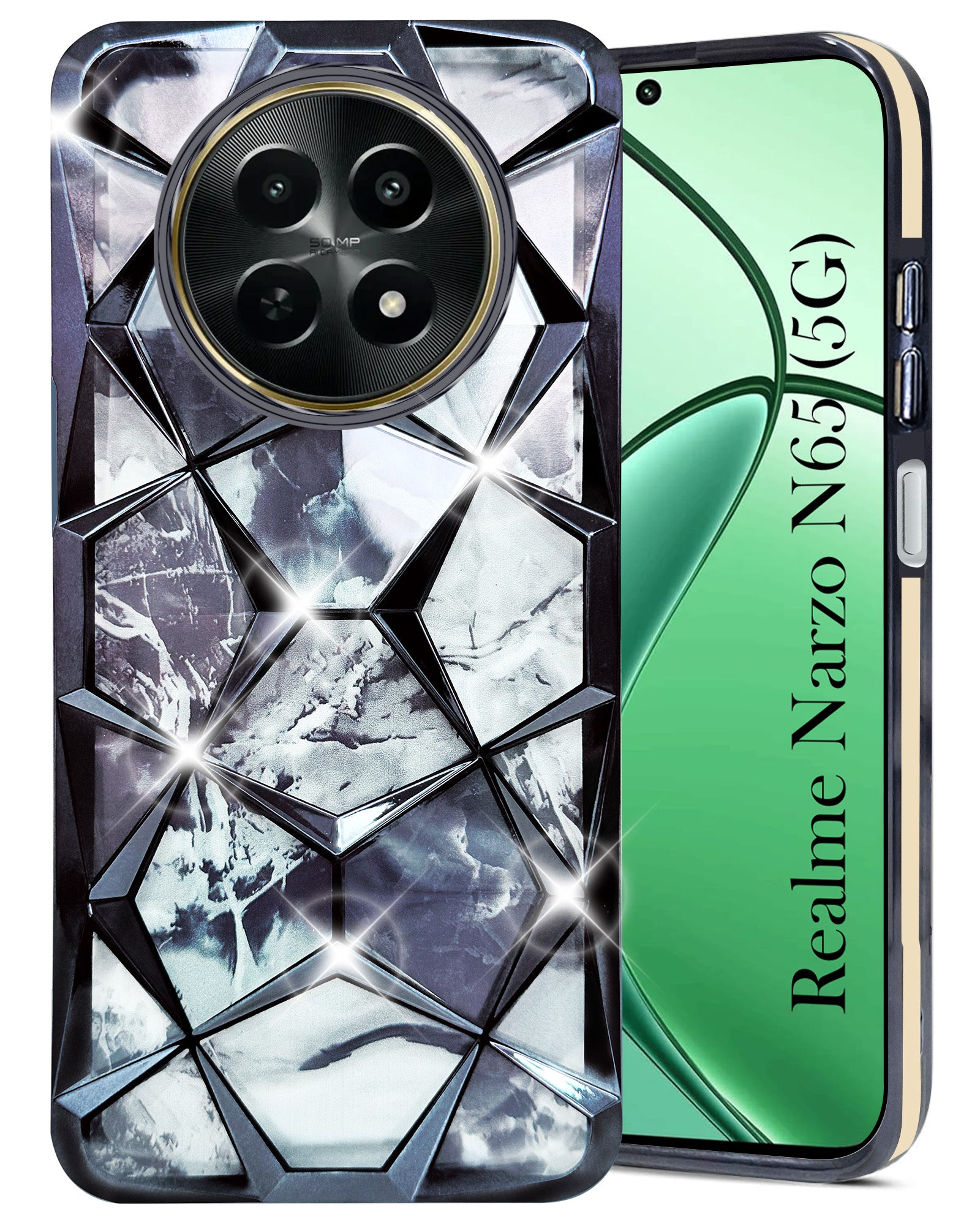 For Realme Narzo N65 5G Back Cover Case ( Dual Design Glitter Sparkle and Detachable Diamond Print Case | Soft and Flexible)