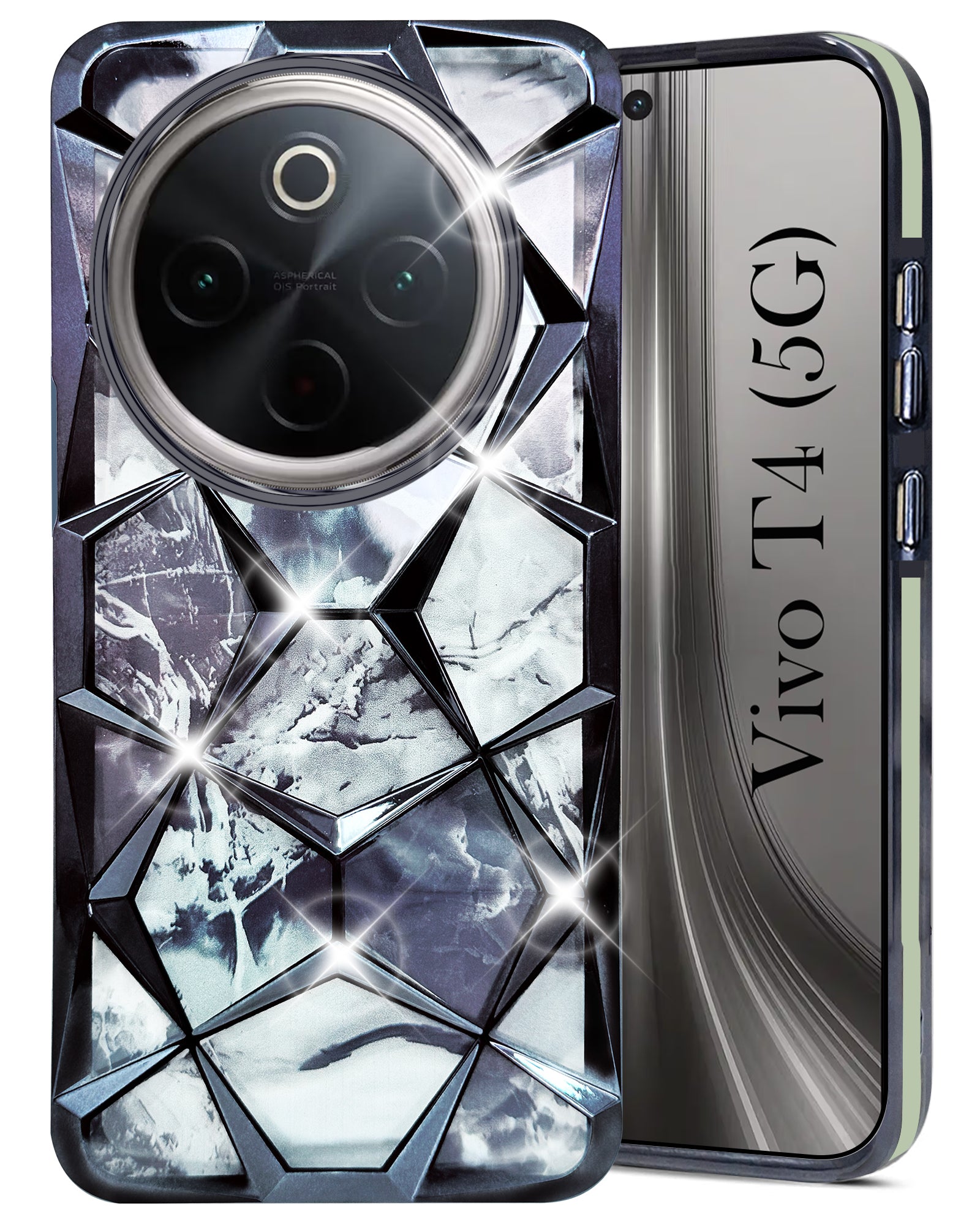 For Vivo T4 Back Cover Case ( Dual Design Glitter Sparkle and Detachable Diamond Print Case | Soft and Flexible)