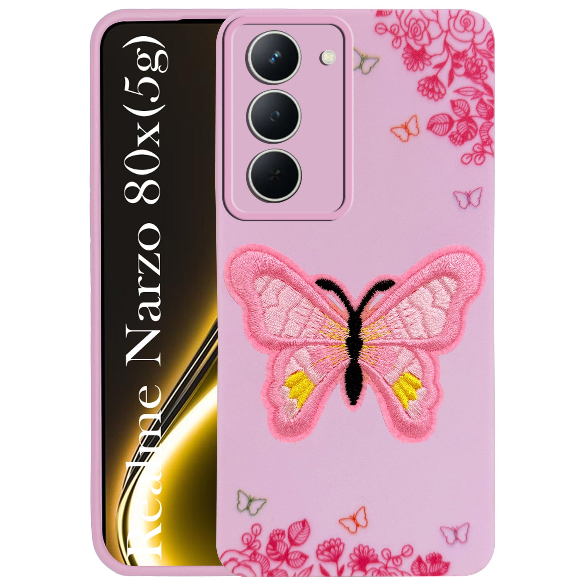For Realme Narzo 80x Back Cover Case (Soft Butterfly Embroidery | Women Teen Girls | Camera Protection| Matte Silicone)