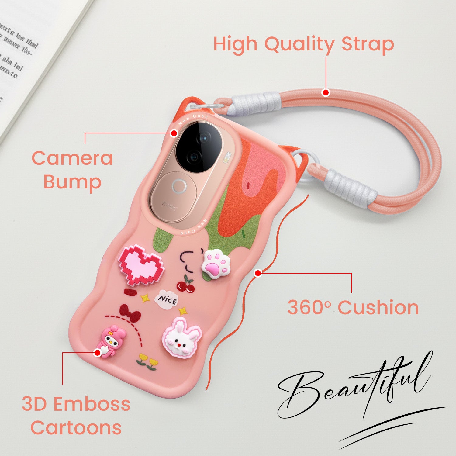 For Vivo V40e Back Case Cover Strap (3D embossed Figures | Strap Holder | 360* Soft Cushion with Camera Bump)