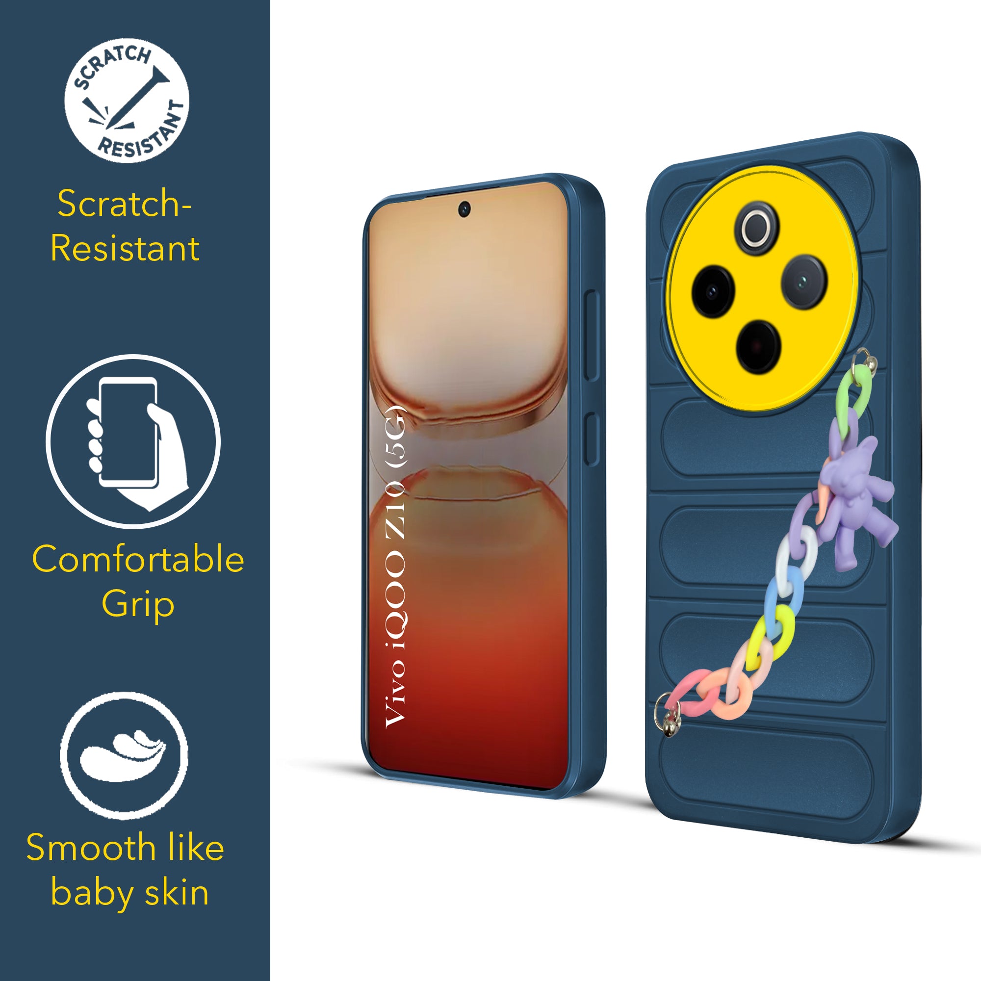 For Vivo iQOO Z10 Back Cover Case (Wrist Hanging Chain | Teddy Bracelet Charms | Matte Liquid Silicone | Camera Protection Ring)